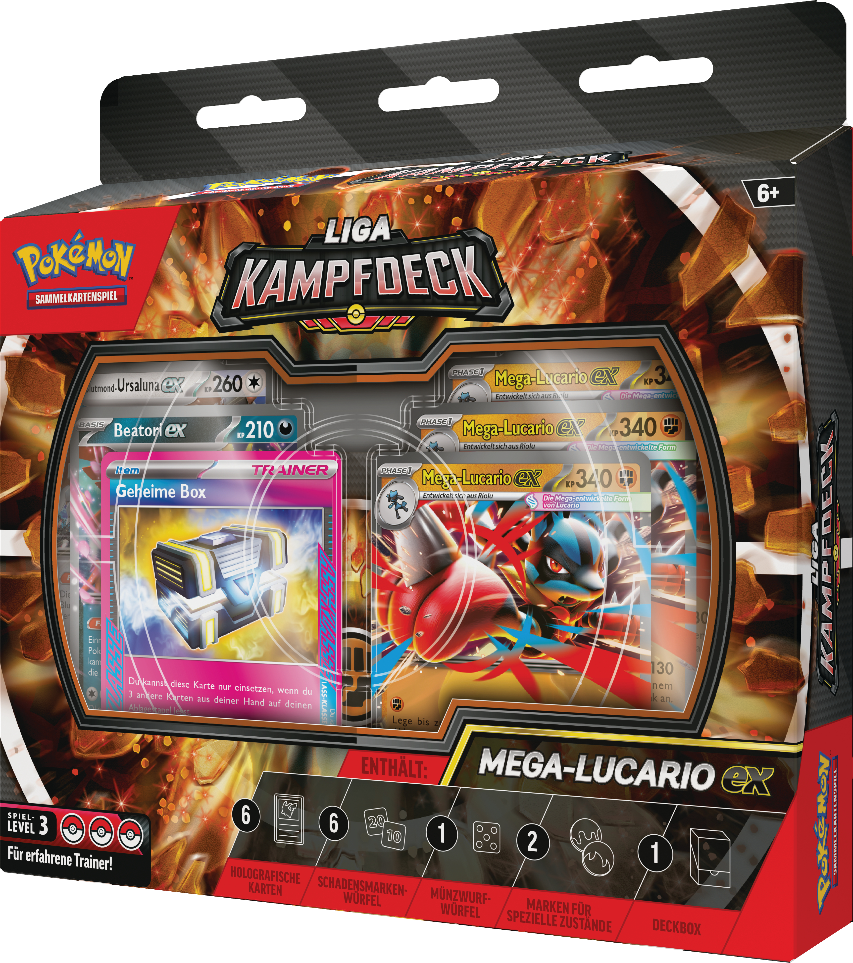 Pokemon Liga Kampfdeck mit Mega-Lucario EX, Karten und Zubehör. Geeignet ab 6 Jahren.