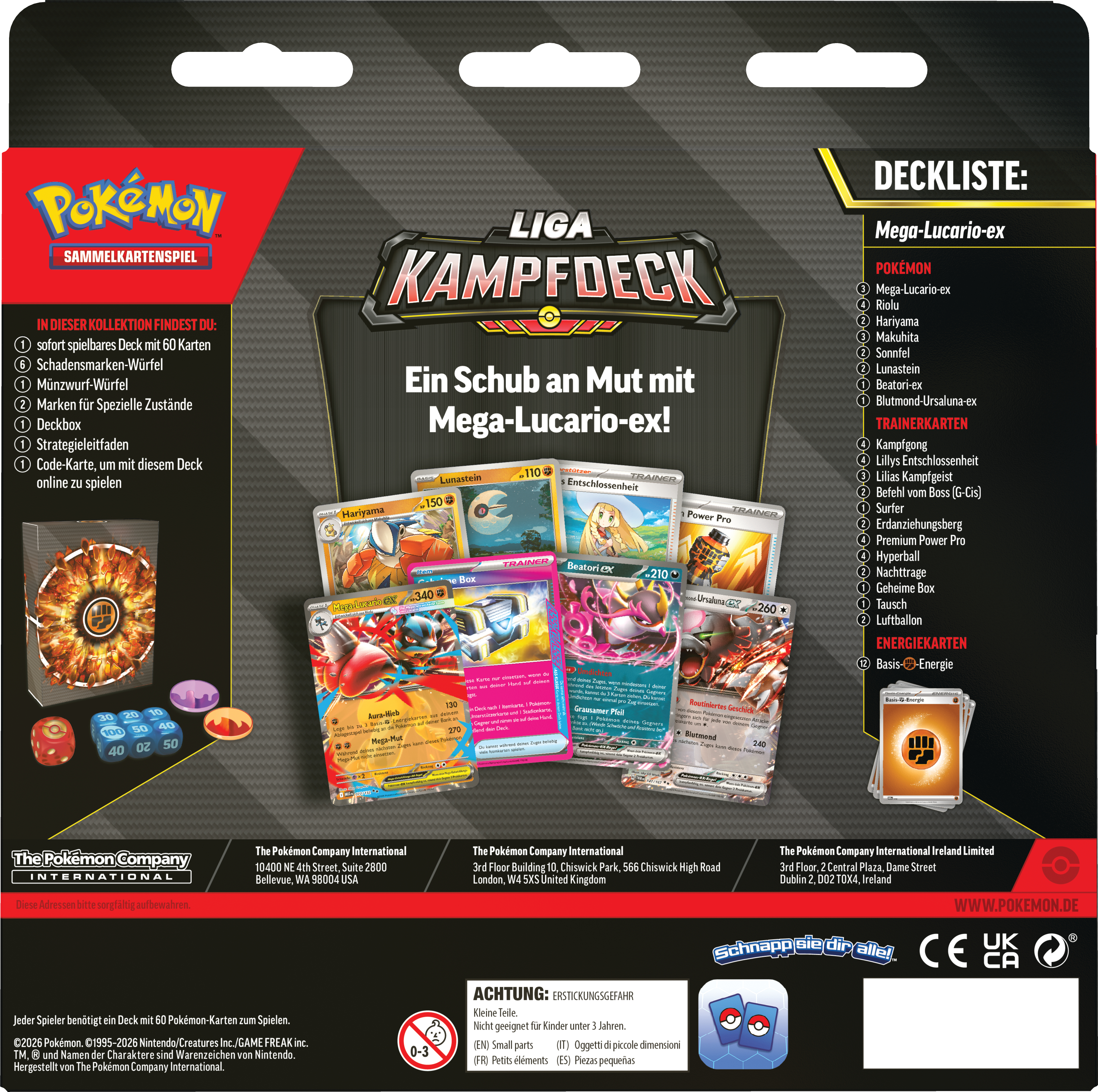 Pokémon Liga Kampfdeck mit Mega-Lucario-ex, Spielkarten, Würfeln und Marken.