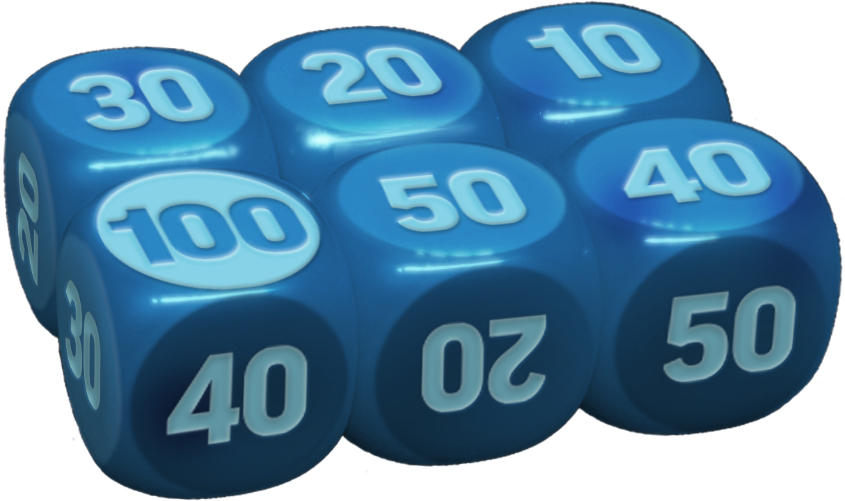 Sechs blaue Würfel mit Zahlen wie 10, 20, 30, 40, 50, 100.