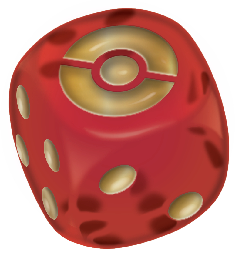 Ein roter Würfel mit einem goldenen Pokémon-Logo und weißen Punkten.
