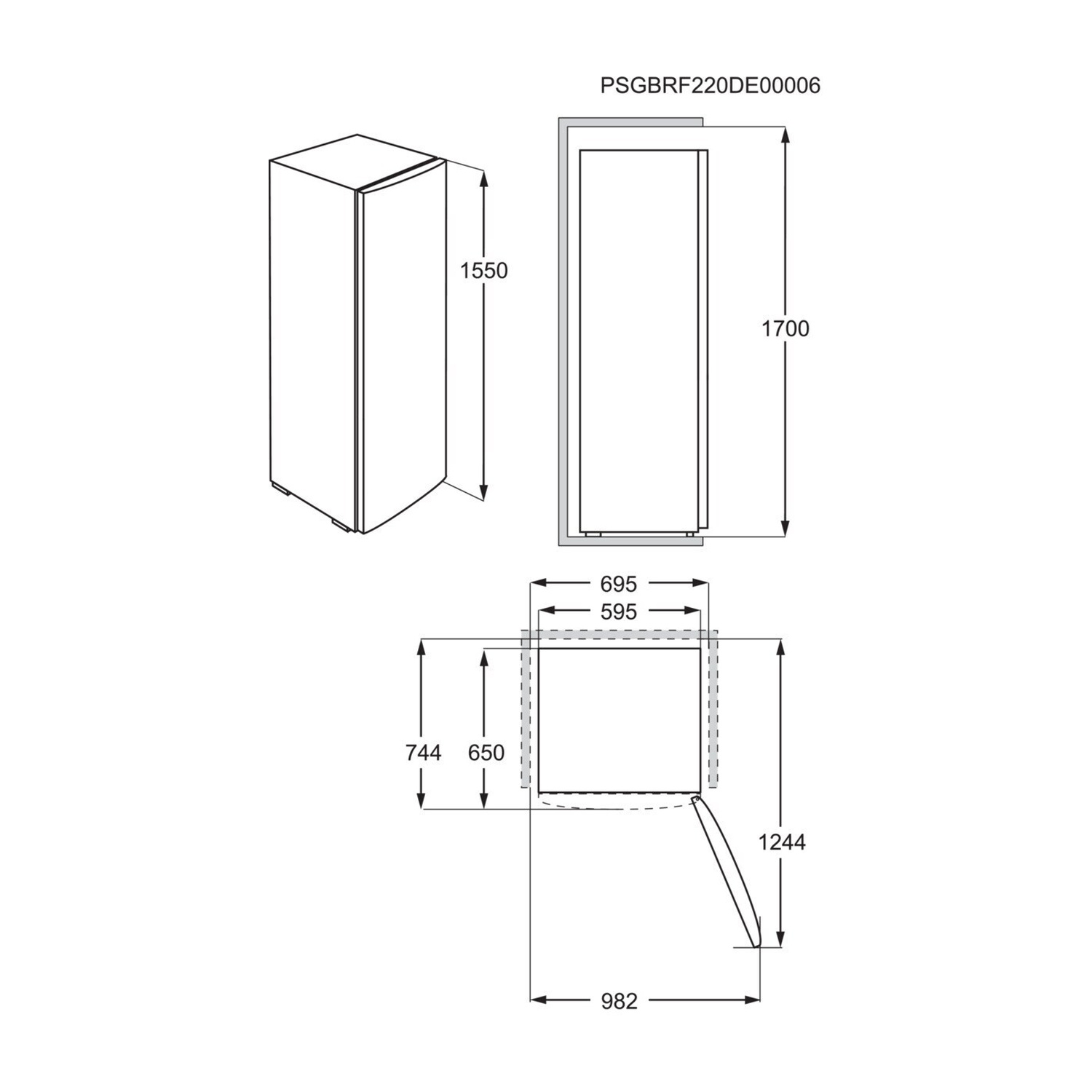 Disegno tecnico di un frigorifero con dimensioni.