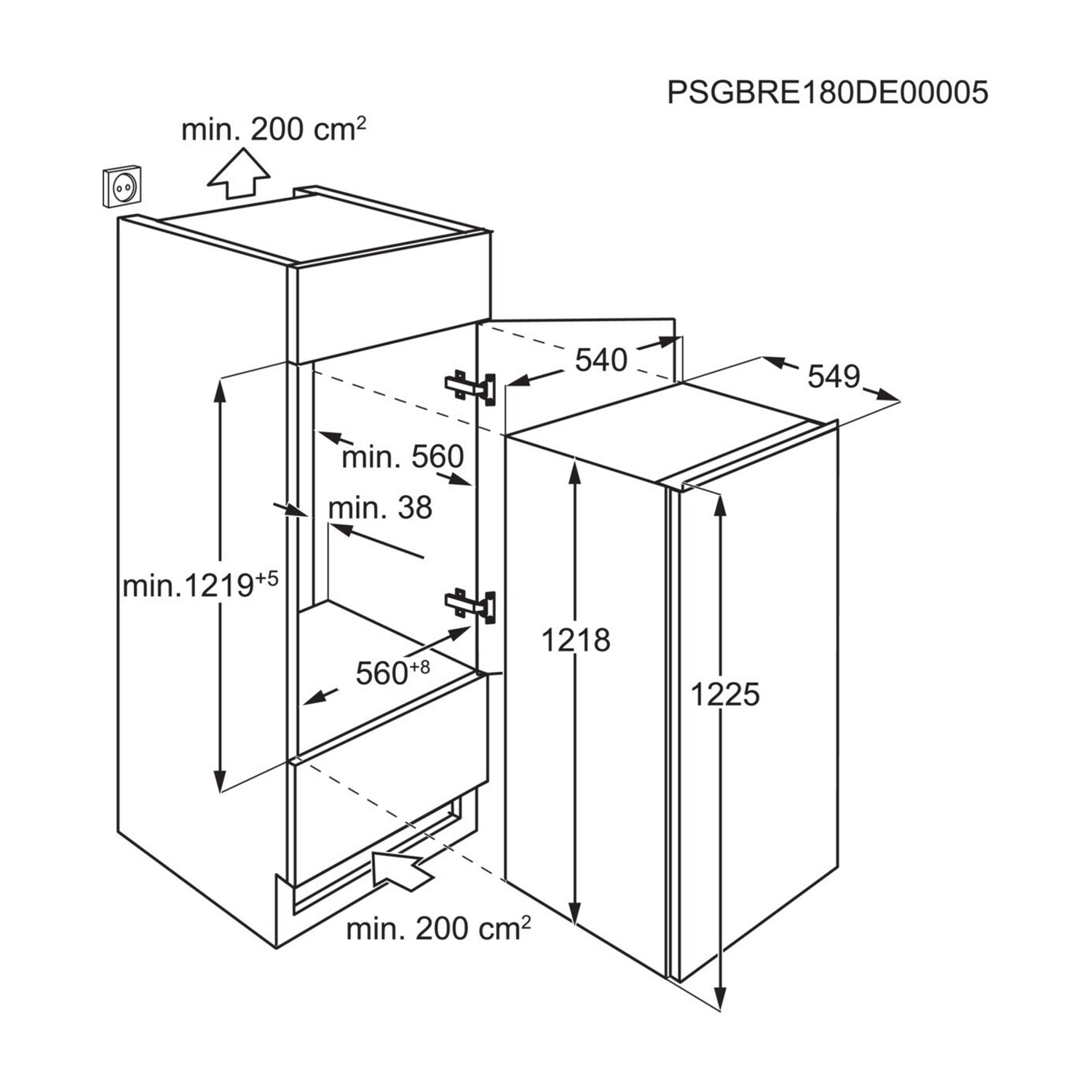 Disegno tecnico di un frigorifero da incasso con dimensioni e note di ventilazione.