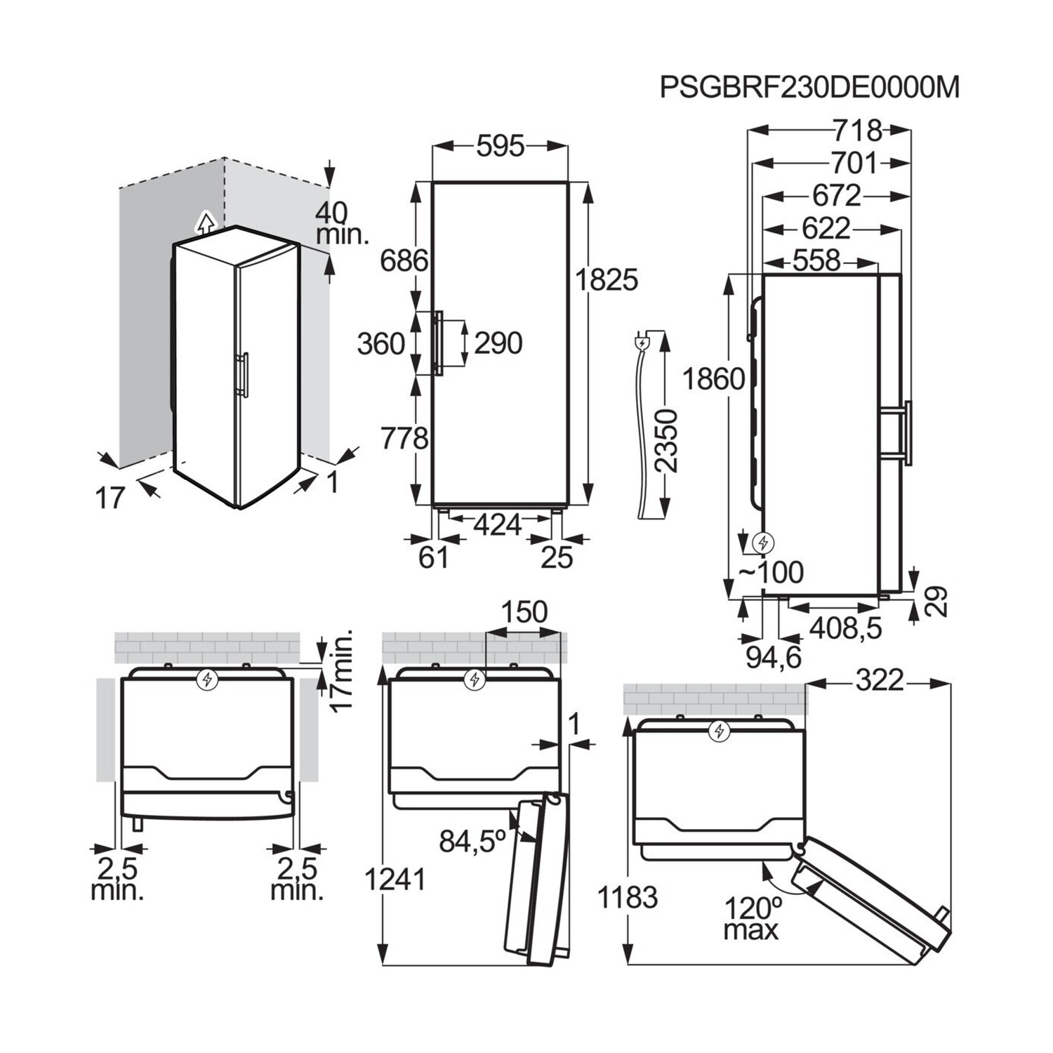 Disegno tecnico di un frigorifero con dimensioni e viste.