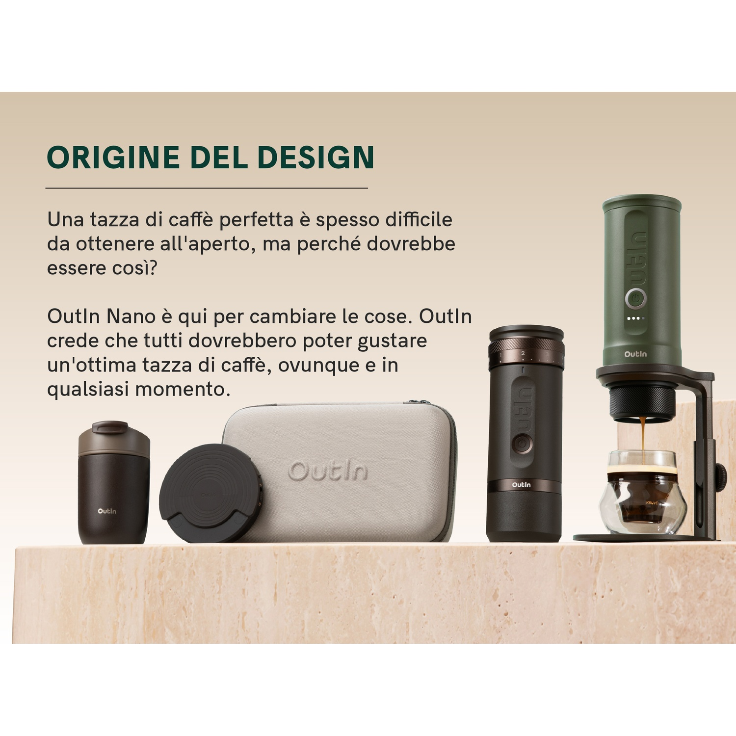 Una macchina da caffè verde con accessori su un ripiano in marmo.