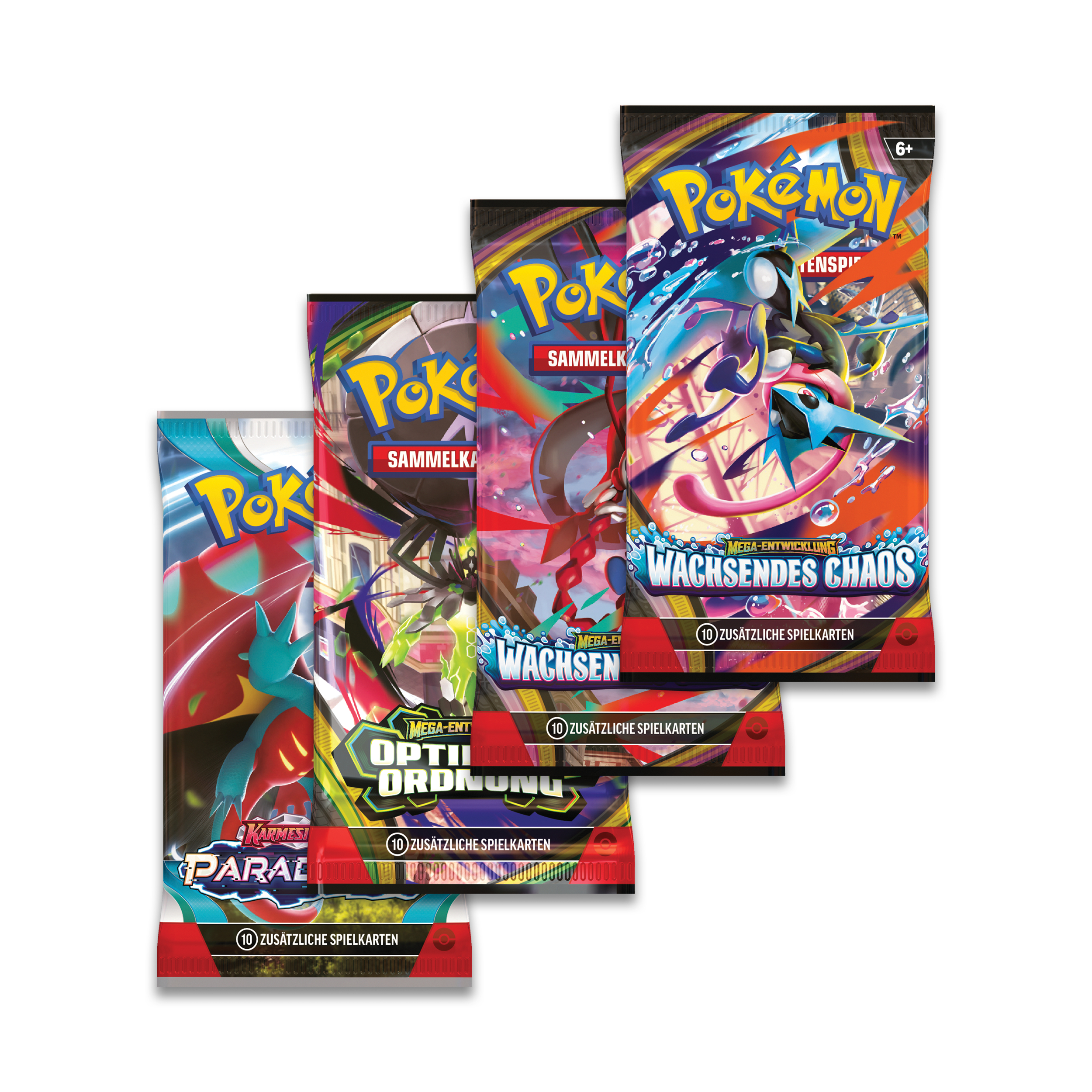 Vier Pokémon Sammelkarten-Packs mit bunten Drachen und Monstern.