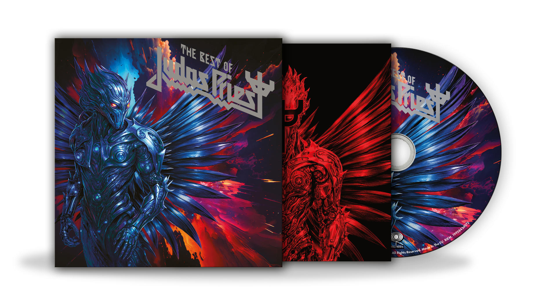 Judas Priest CD-Cover: Blaue und rote geflügelte Figuren auf kosmischem Hintergrund.