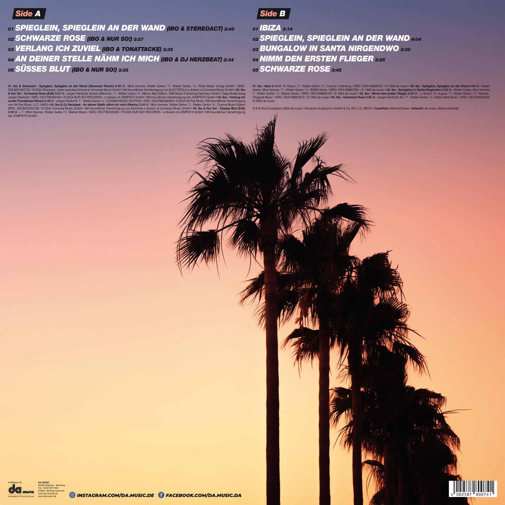 Sonnenuntergang mit Palmen, Album-Trackliste und Barcode.