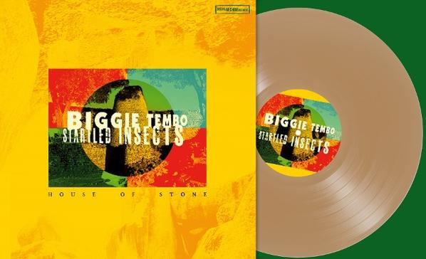 Schallplatte mit Albumcover "Biggie Tembo Startled Insects" auf gelbem Hintergrund.