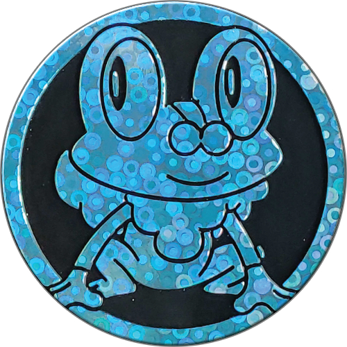 Eine blaue Froschfigur auf einer Münze mit kreisförmigen Mustern.