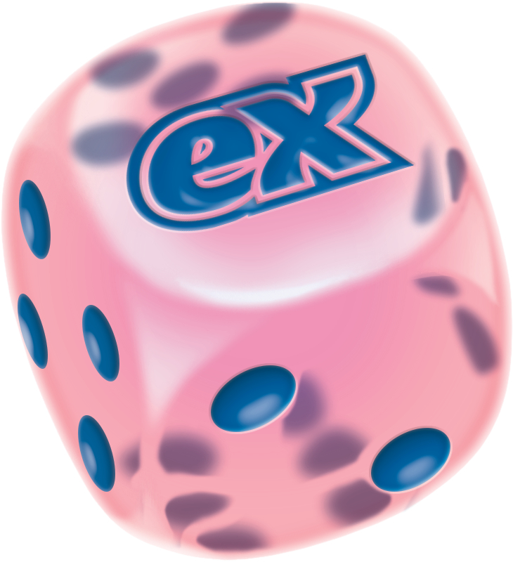 Ein rosafarbener Würfel mit blauen Punkten und dem Logo "ex".