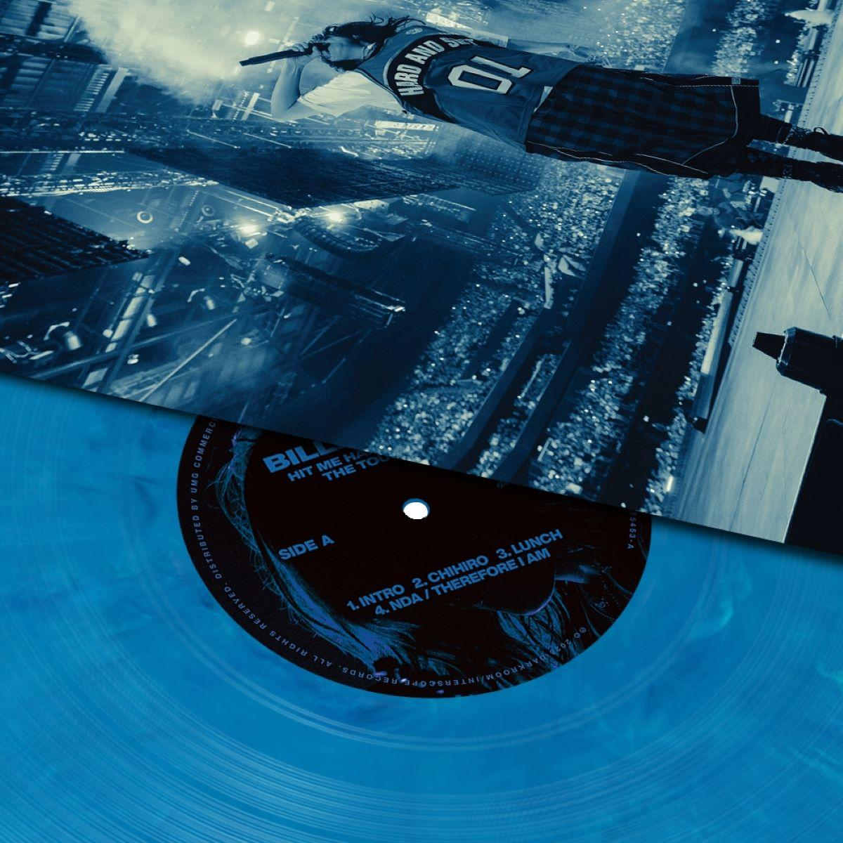 Ein Sänger mit Mikrofon in einem Stadion vor jubelnden Fans, über einem blauen Vinyl.