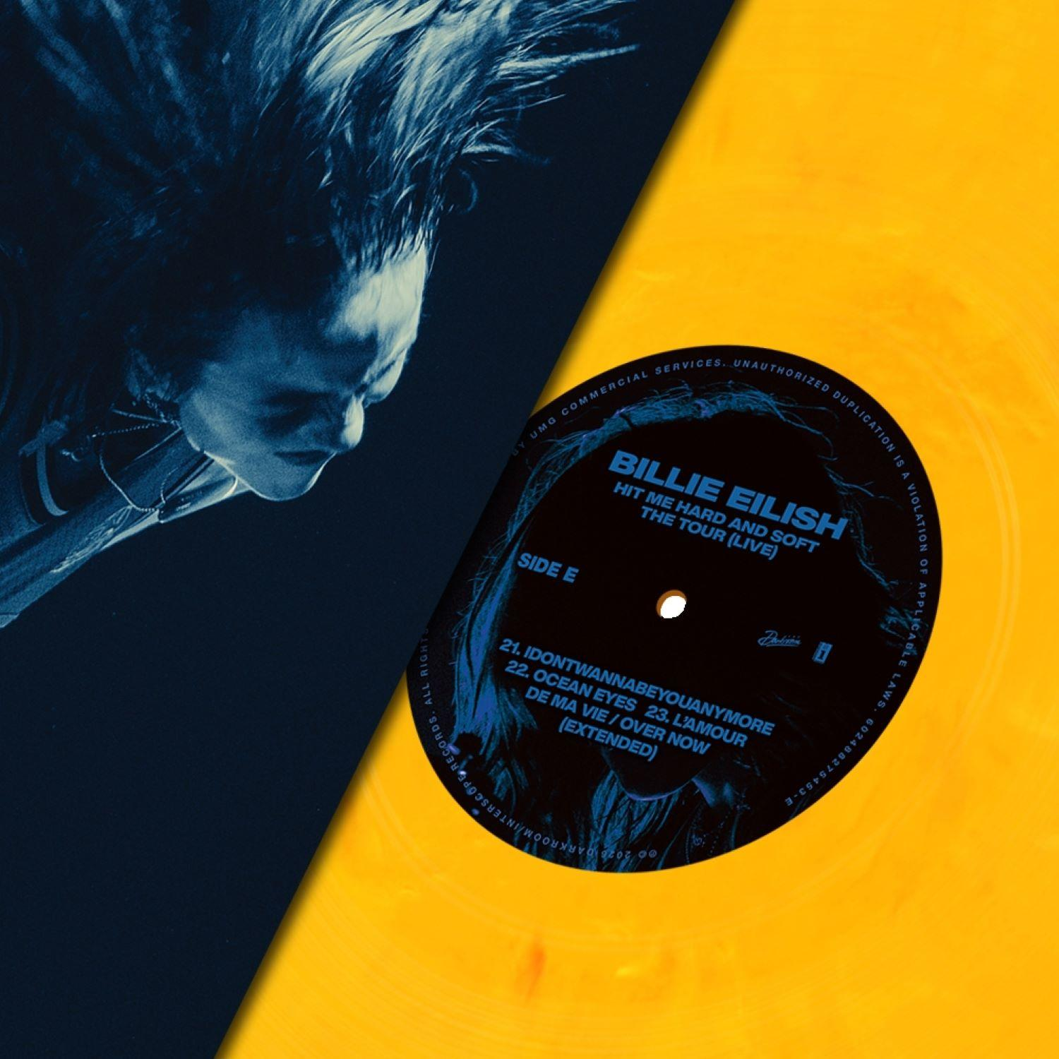 Billie Eilish Albumcover in Blau und Gelb. Enthält Trackliste.