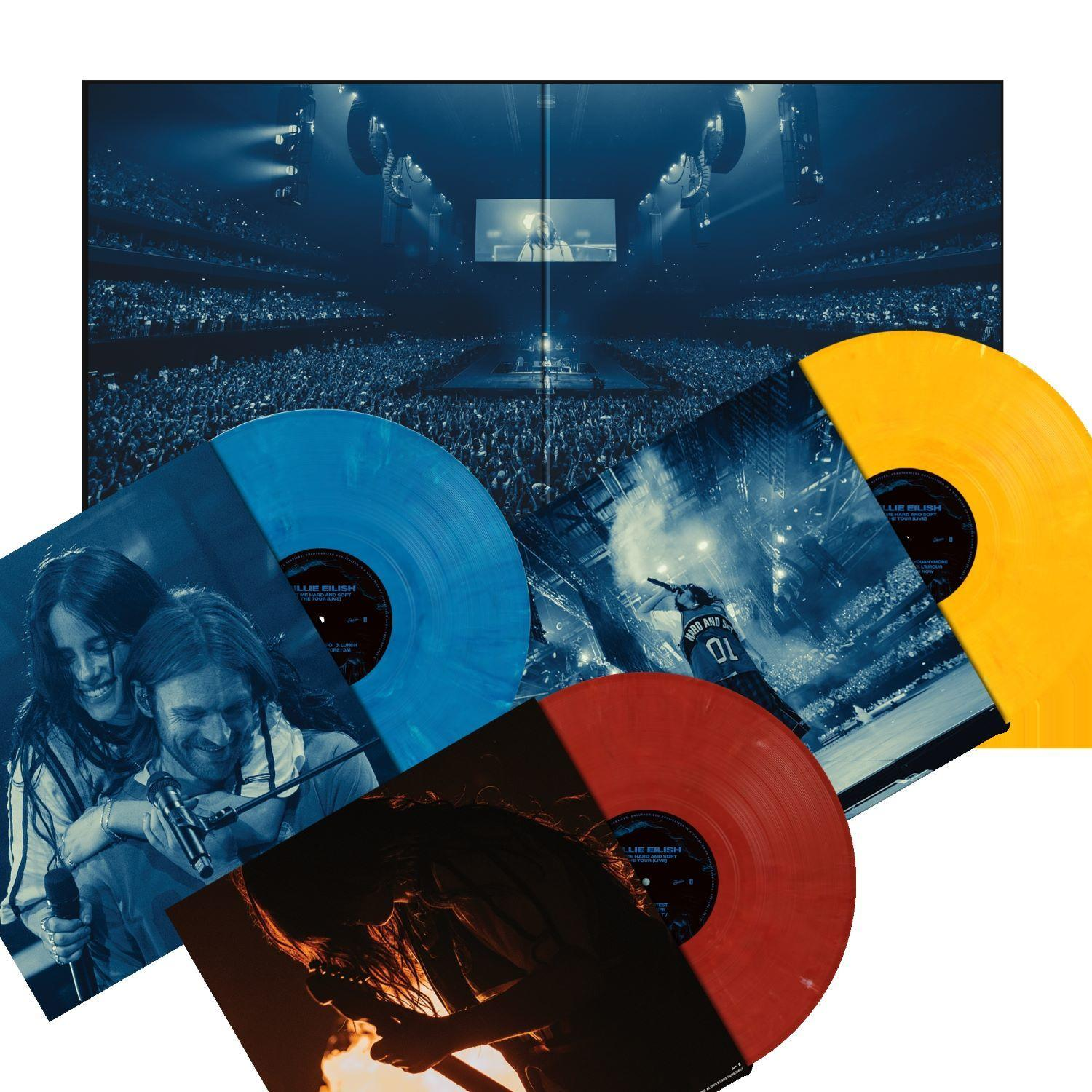 Drei Billie Eilish Schallplatten in Blau, Orange und Rot mit Konzertbildern.