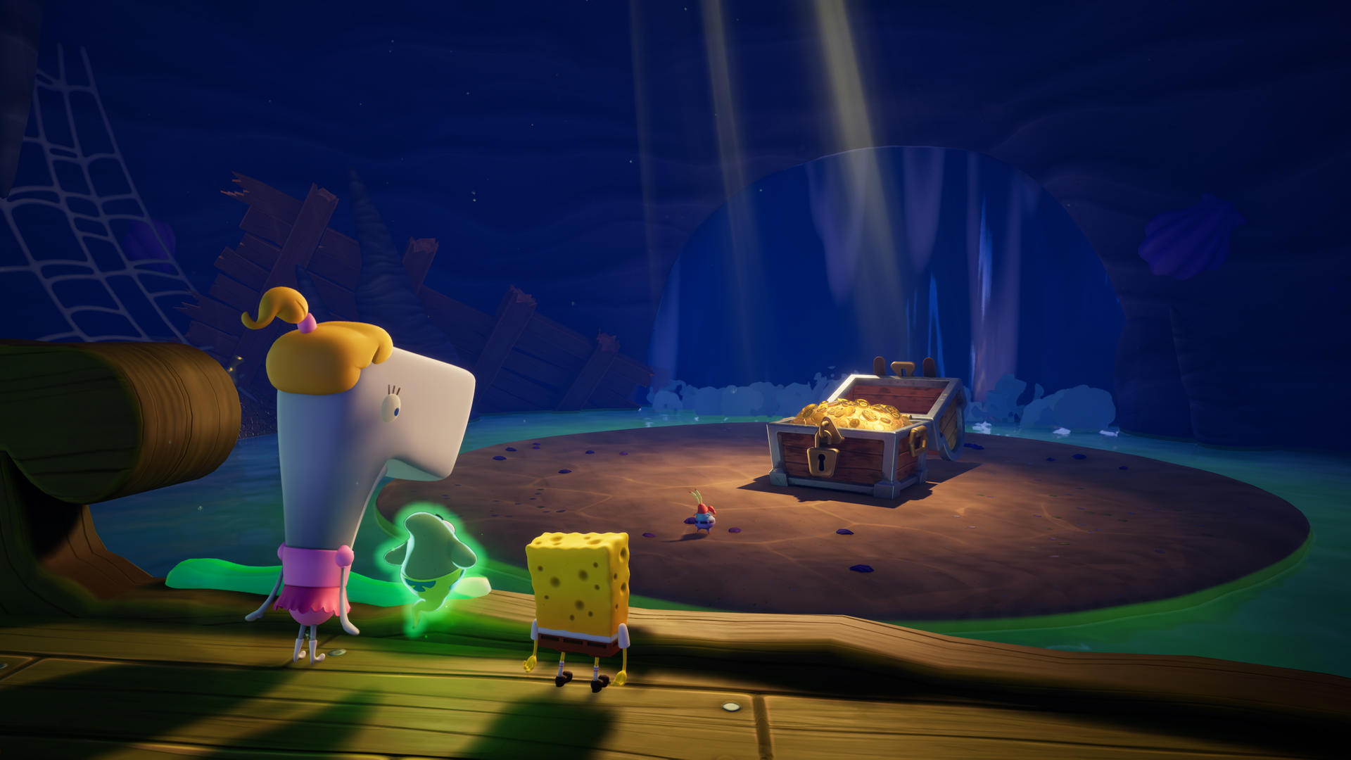 SpongeBob und Pearl stehen vor einer offenen Schatzkiste voller Goldmünzen.