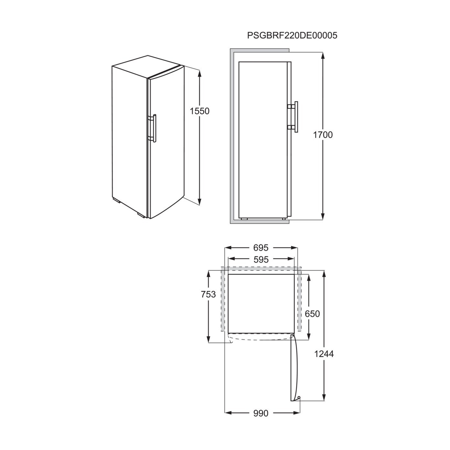 Disegno tecnico di un frigorifero con dimensioni.