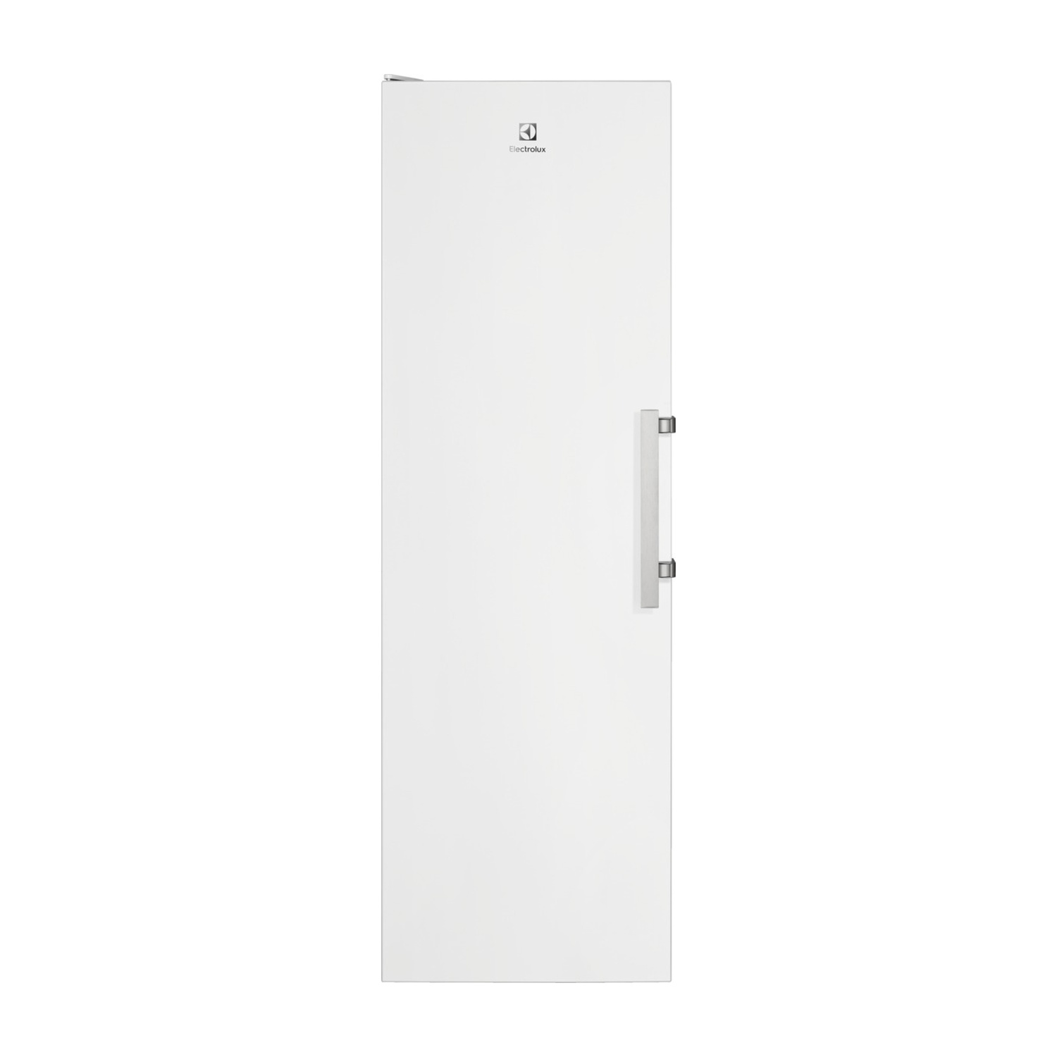 Un congelatore Electrolux bianco con maniglia argentata su sfondo bianco.