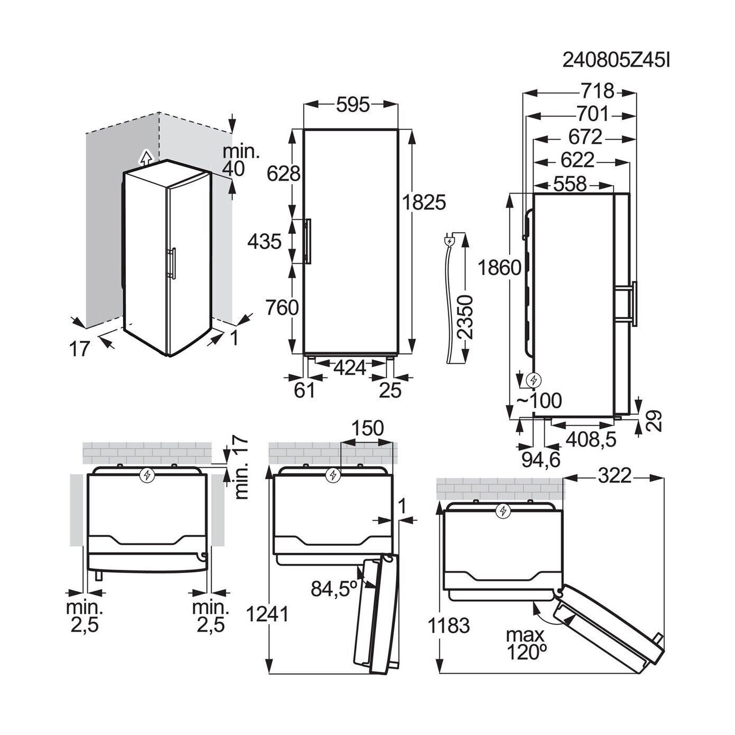 Disegno tecnico di un apparecchio con dimensioni e specifiche.