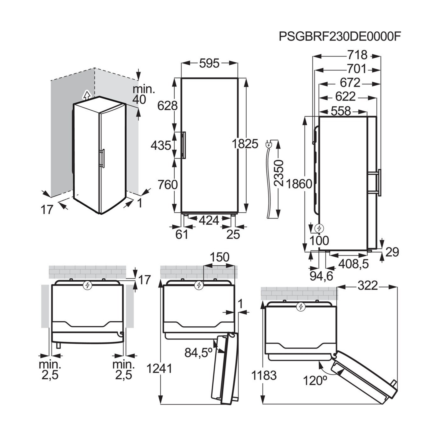 Disegno tecnico con dimensioni per un elettrodomestico, vista frontale e laterale.