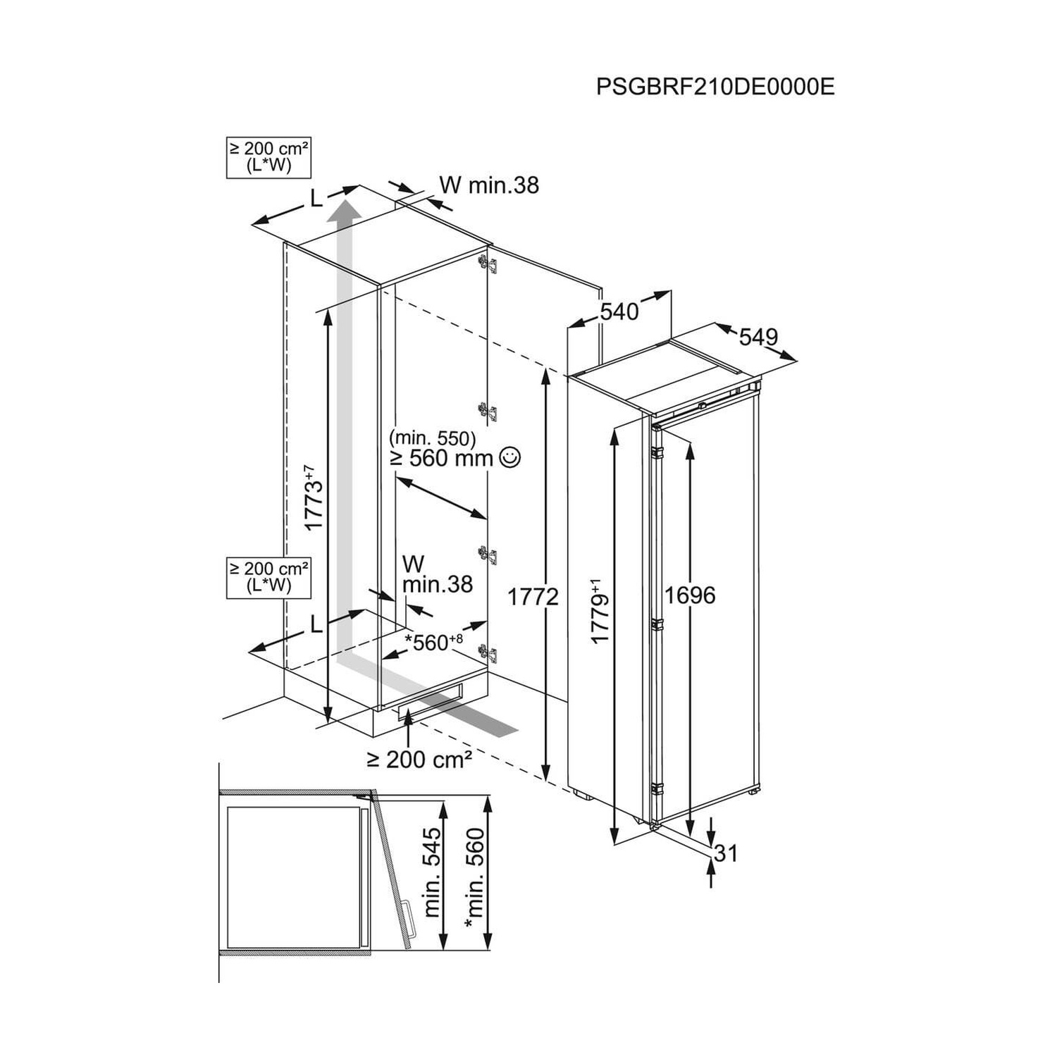 Disegno tecnico di un frigorifero con dimensioni e note di installazione.