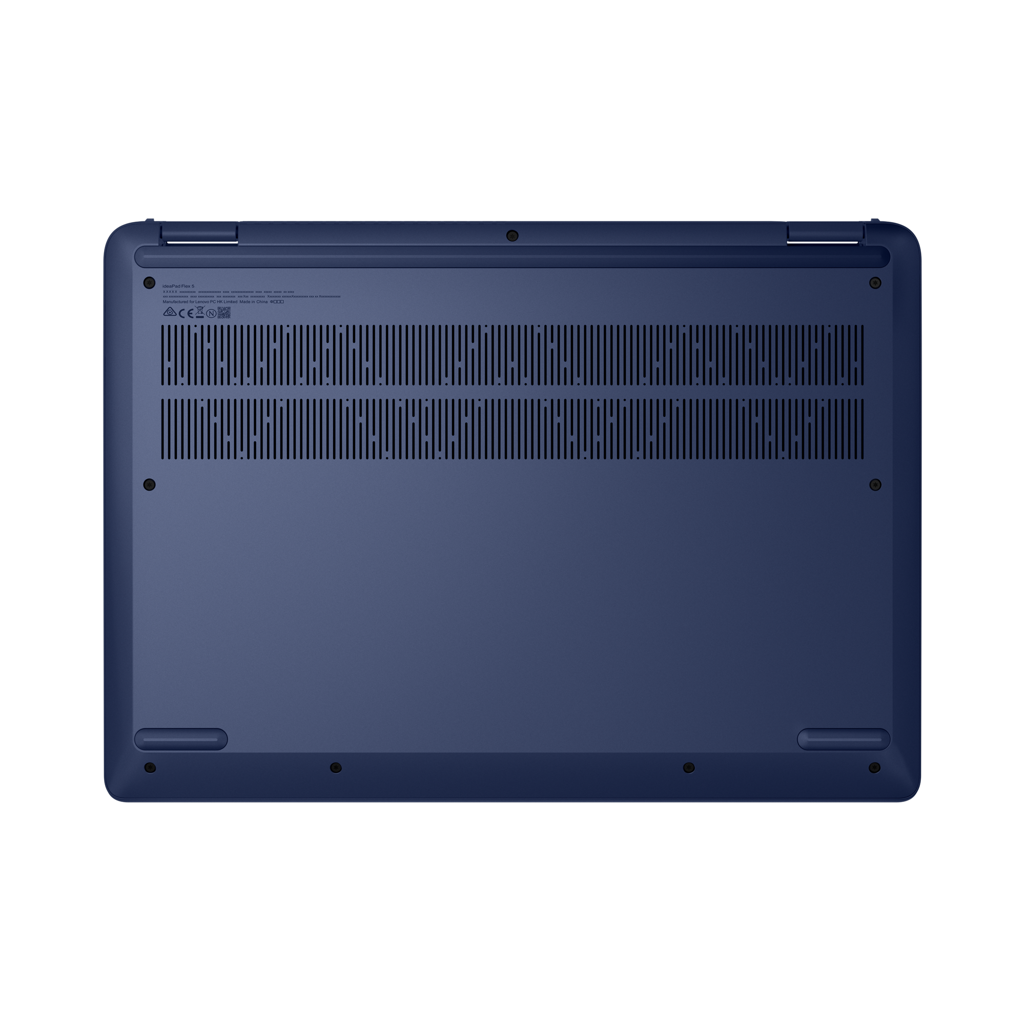 Egy kék laptop alsó része szellőzőkkel és jelölésekkel.