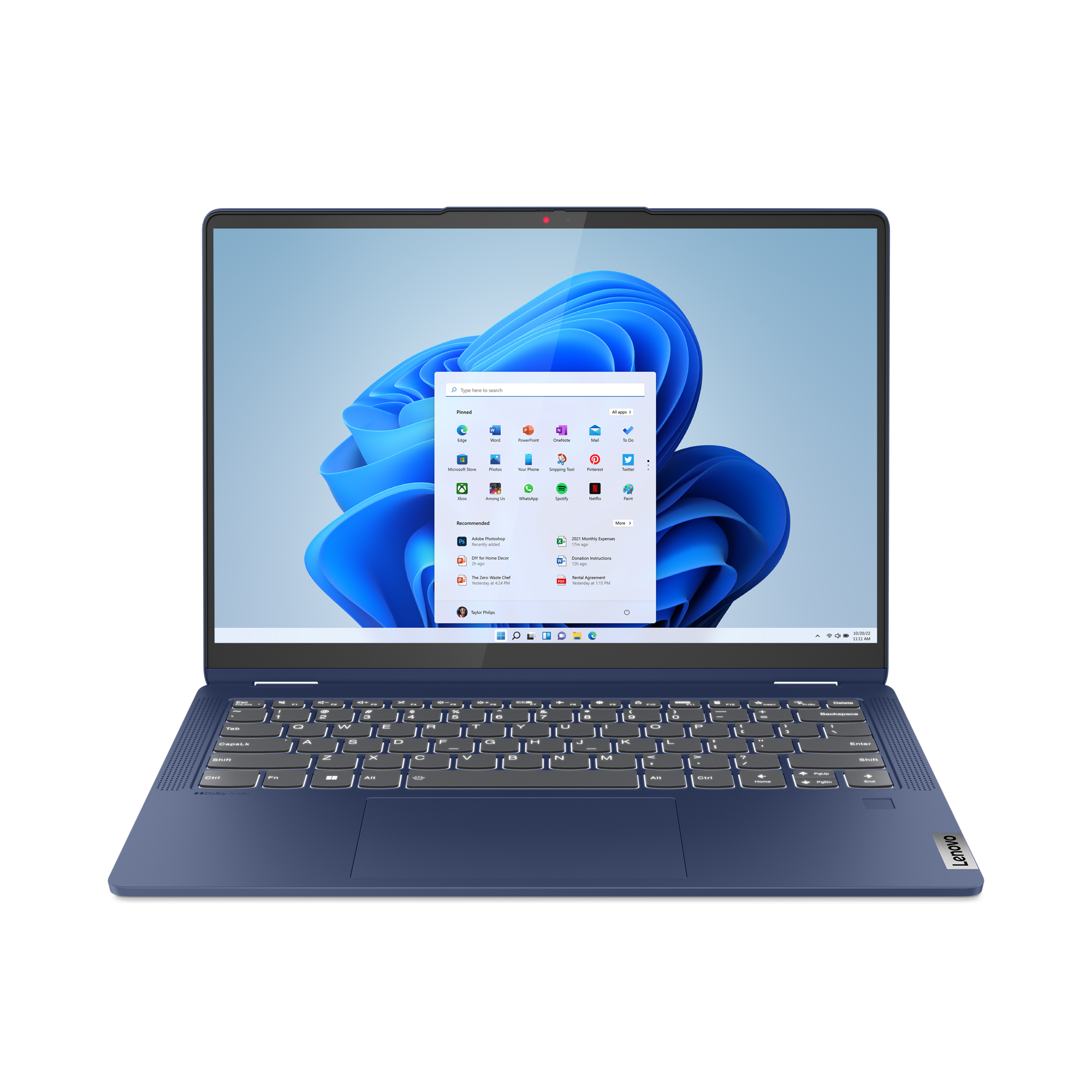 Egy kék Lenovo laptop Windows 11 indítómenüvel és háttérképpel.
