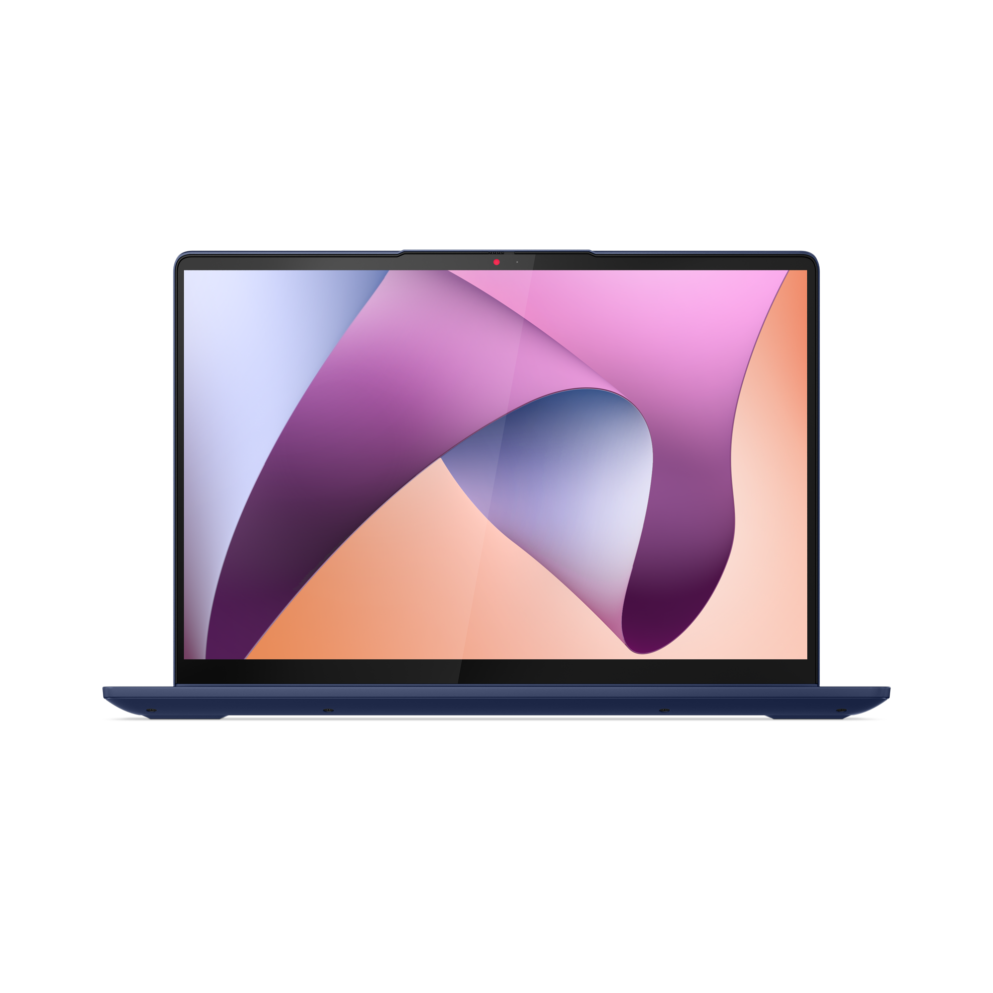 Egy kék laptop, képernyőjén absztrakt, színes háttérrel.