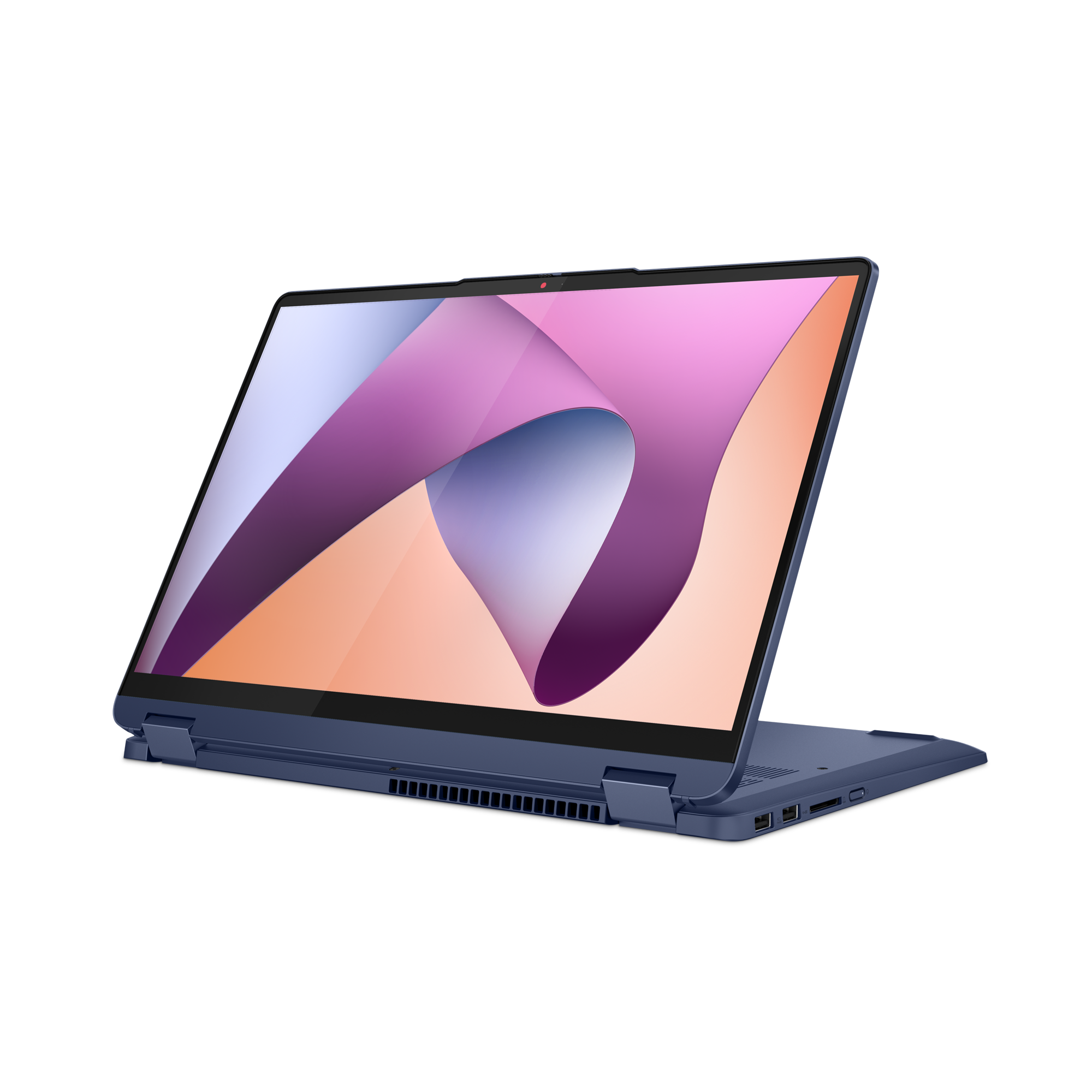 Egy nyitott, sötétkék laptop, képernyőjén absztrakt, színes háttérrel.