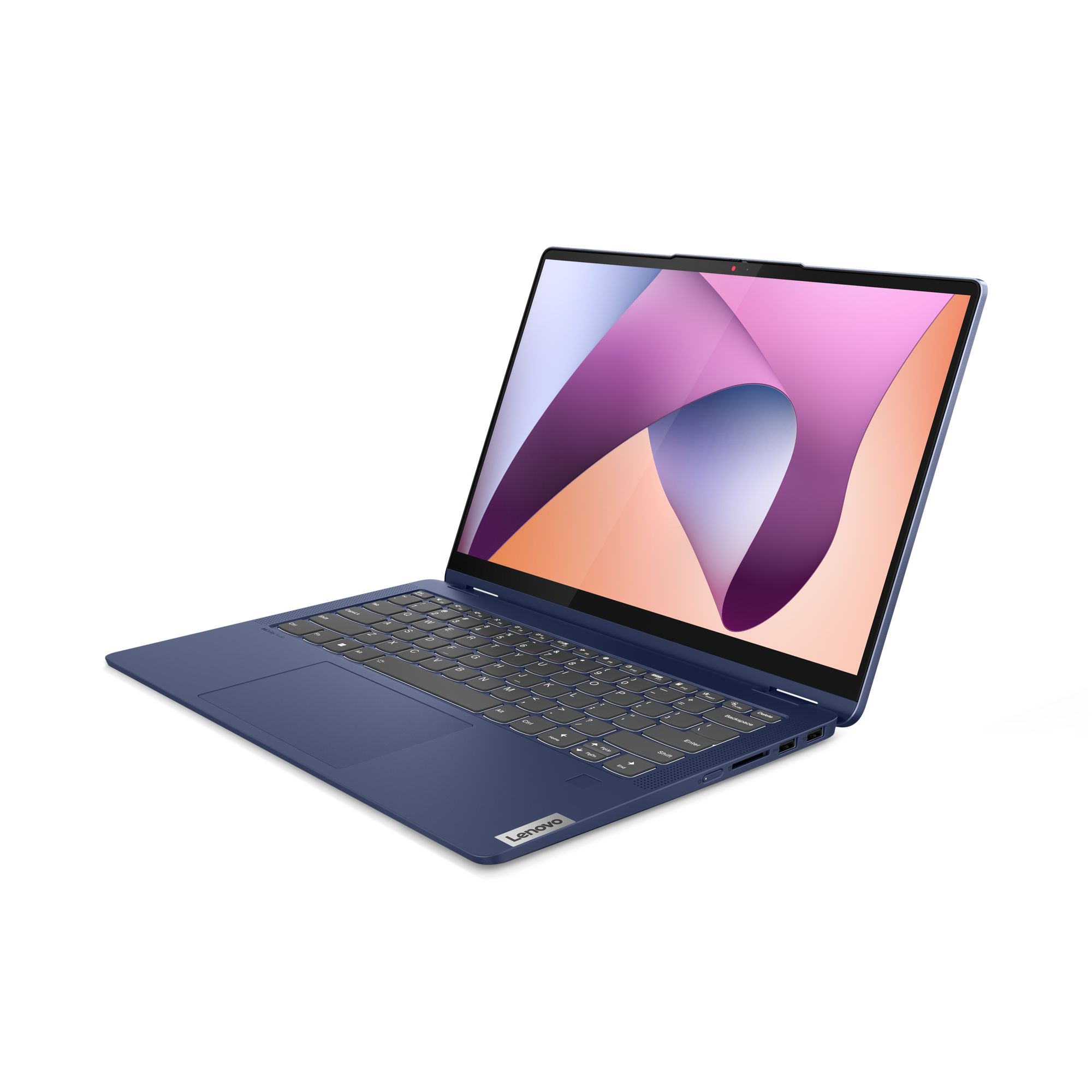 Egy kék Lenovo laptop nyitott képernyővel, amely absztrakt mintát jelenít meg.