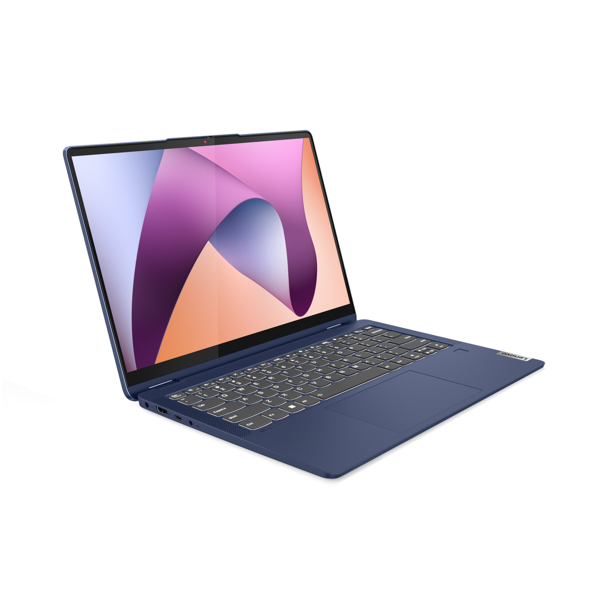 Egy sötétkék laptop, nyitott állapotban, absztrakt háttérrel a képernyőn.
