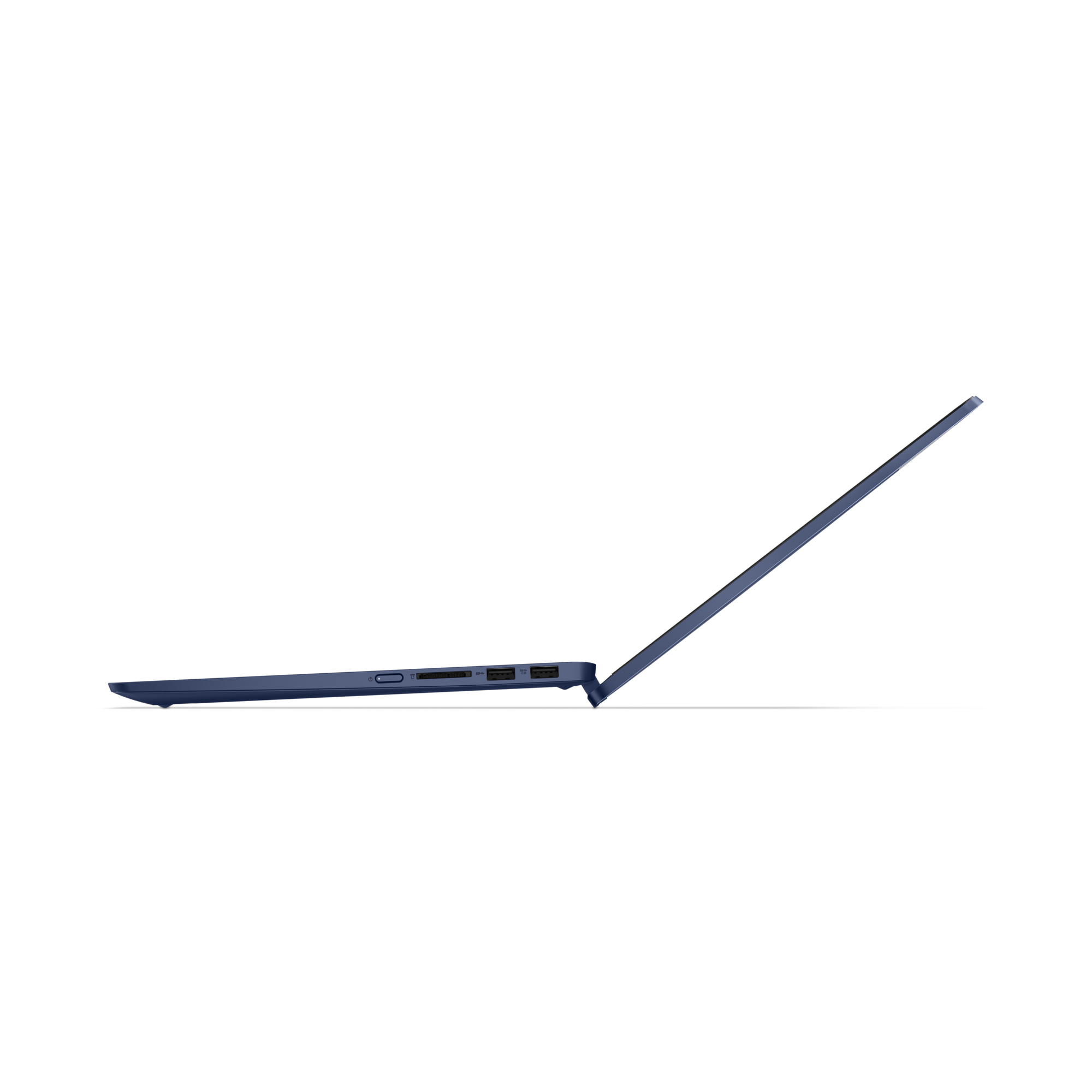 Egy kék laptop, oldalról nyitva, csatlakozókkal az oldalán.