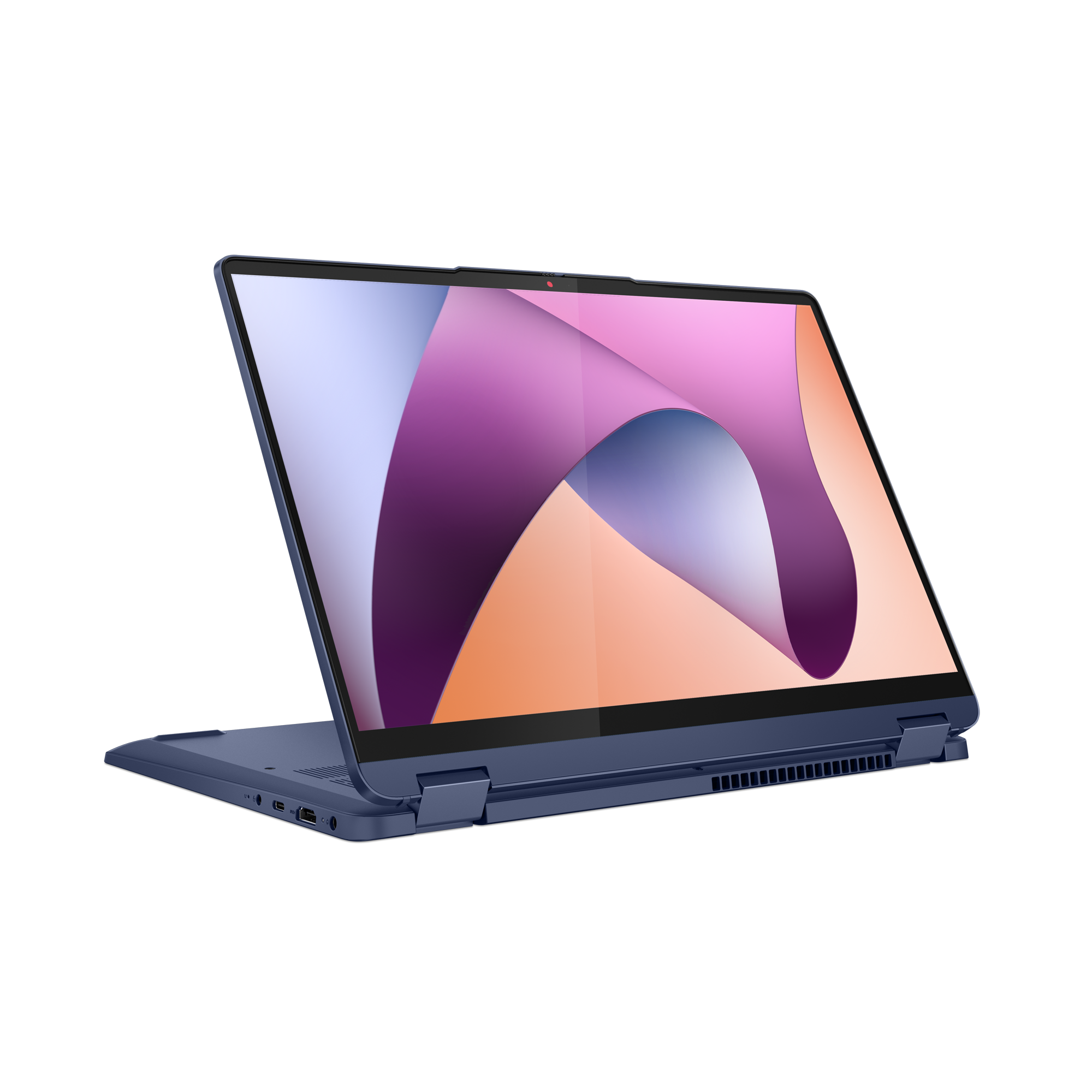 Egy sötétkék laptop nyitott képernyővel, amely absztrakt mintát jelenít meg.