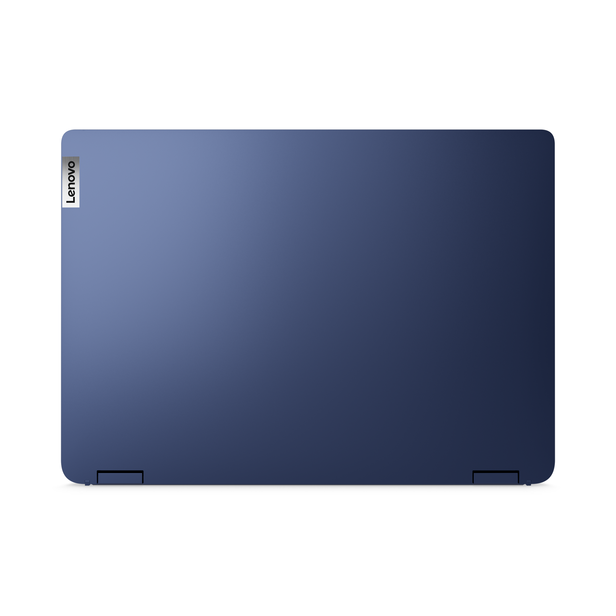 Zárt kék Lenovo laptop fekete háttéren, logó a bal felső sarokban.