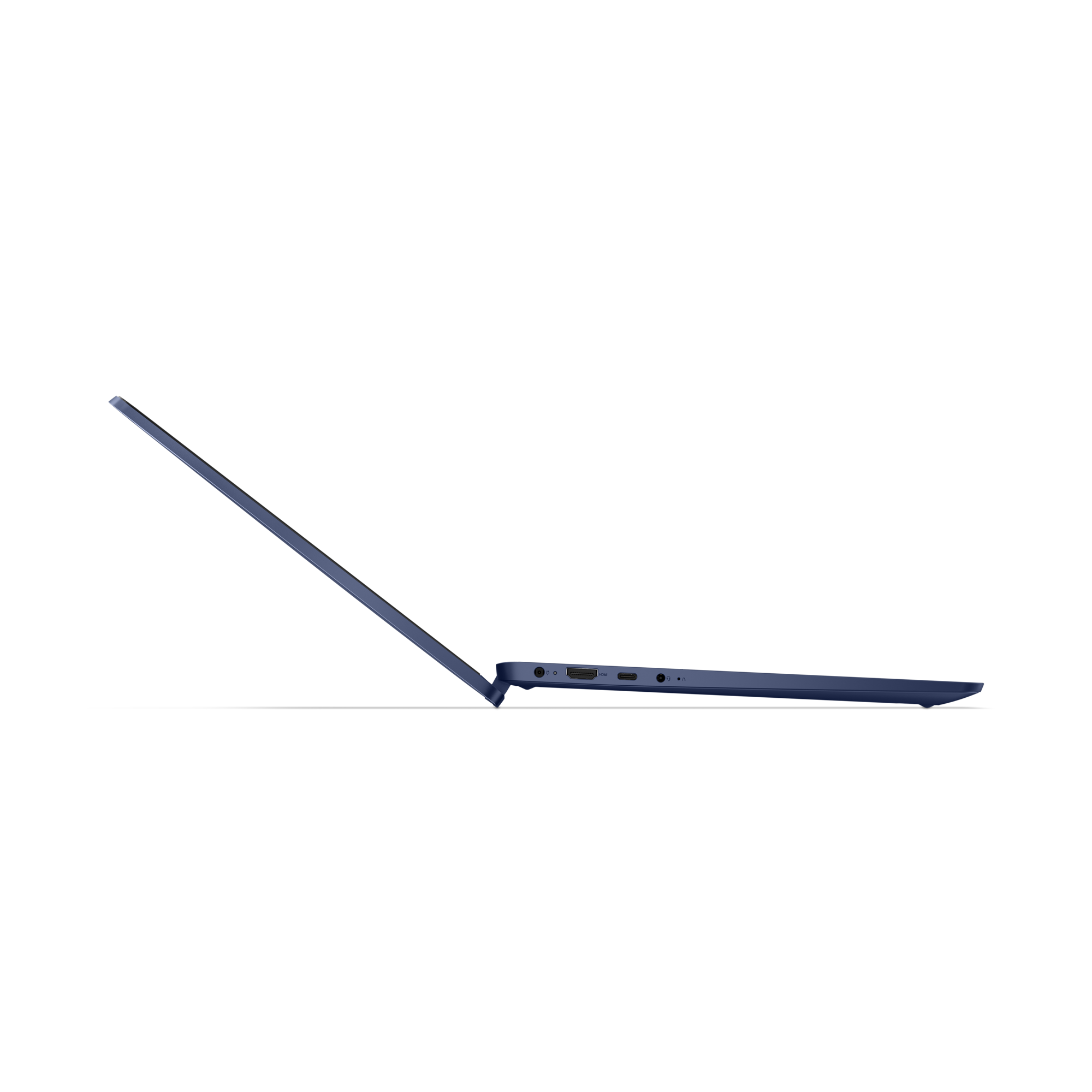 Egy kék laptop profilból fekete háttéren, kinyitott képernyővel.