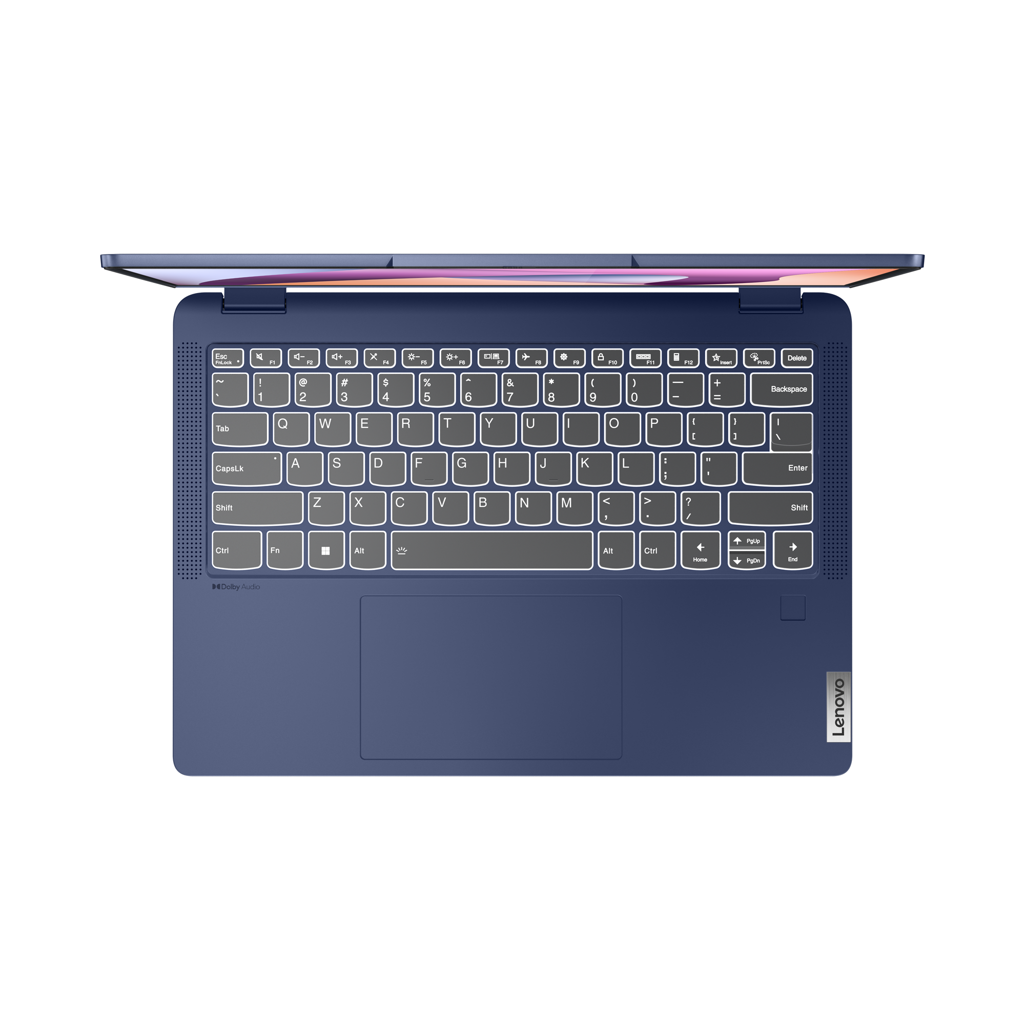 Egy nyitott kék laptop billentyűzettel és érintőpaddal fekete háttér előtt.