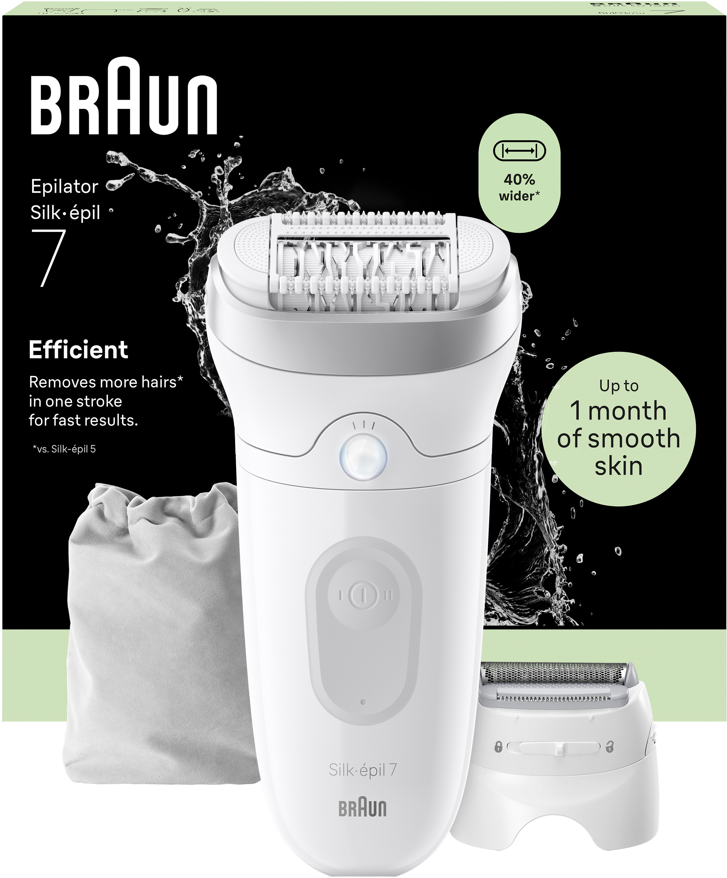 Un epilatore Braun Silk-épil 7 bianco con accessori e schizzi d'acqua.