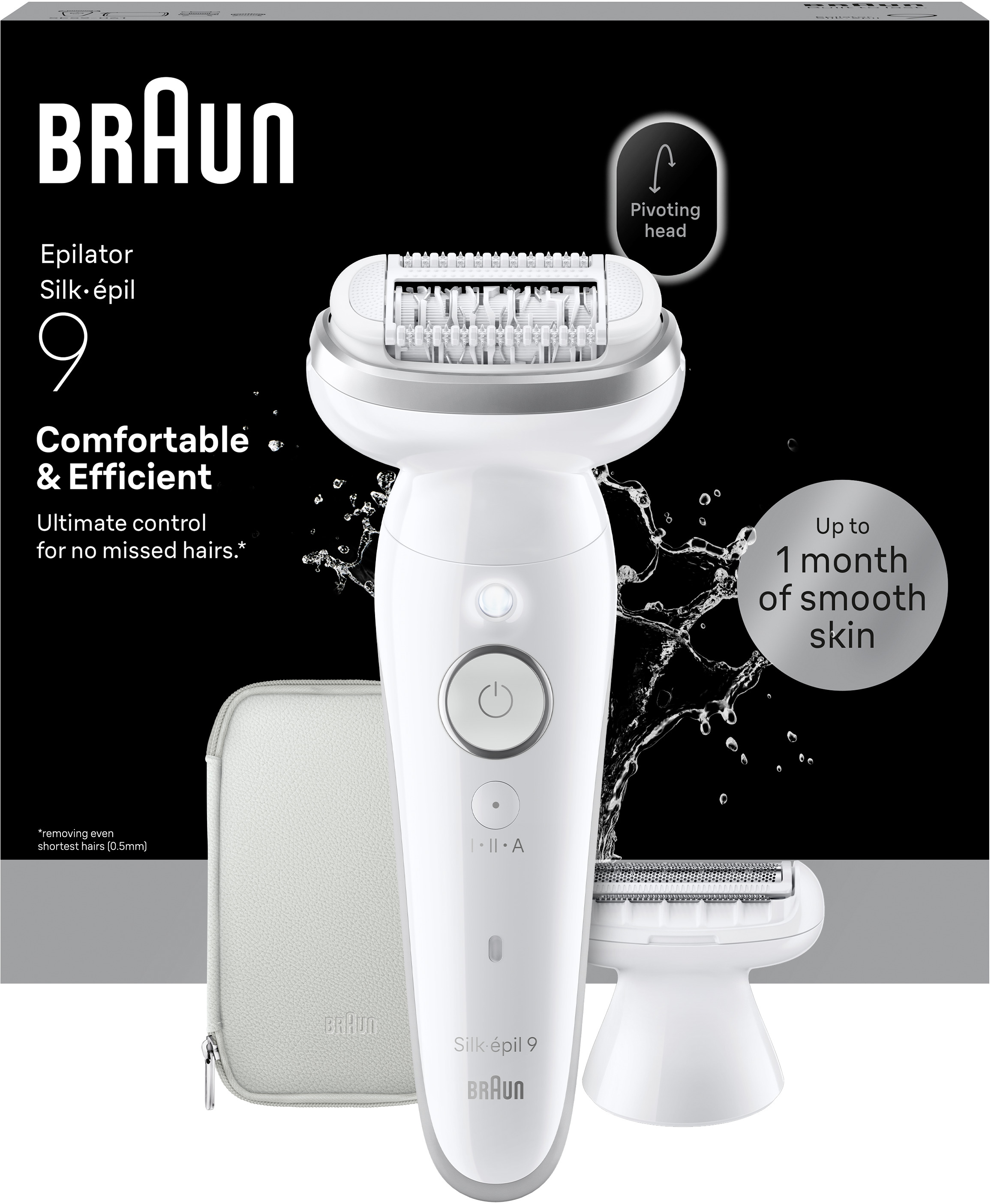 Un epilatore Braun Silk-épil 9 bianco con accessori, su sfondo nero.