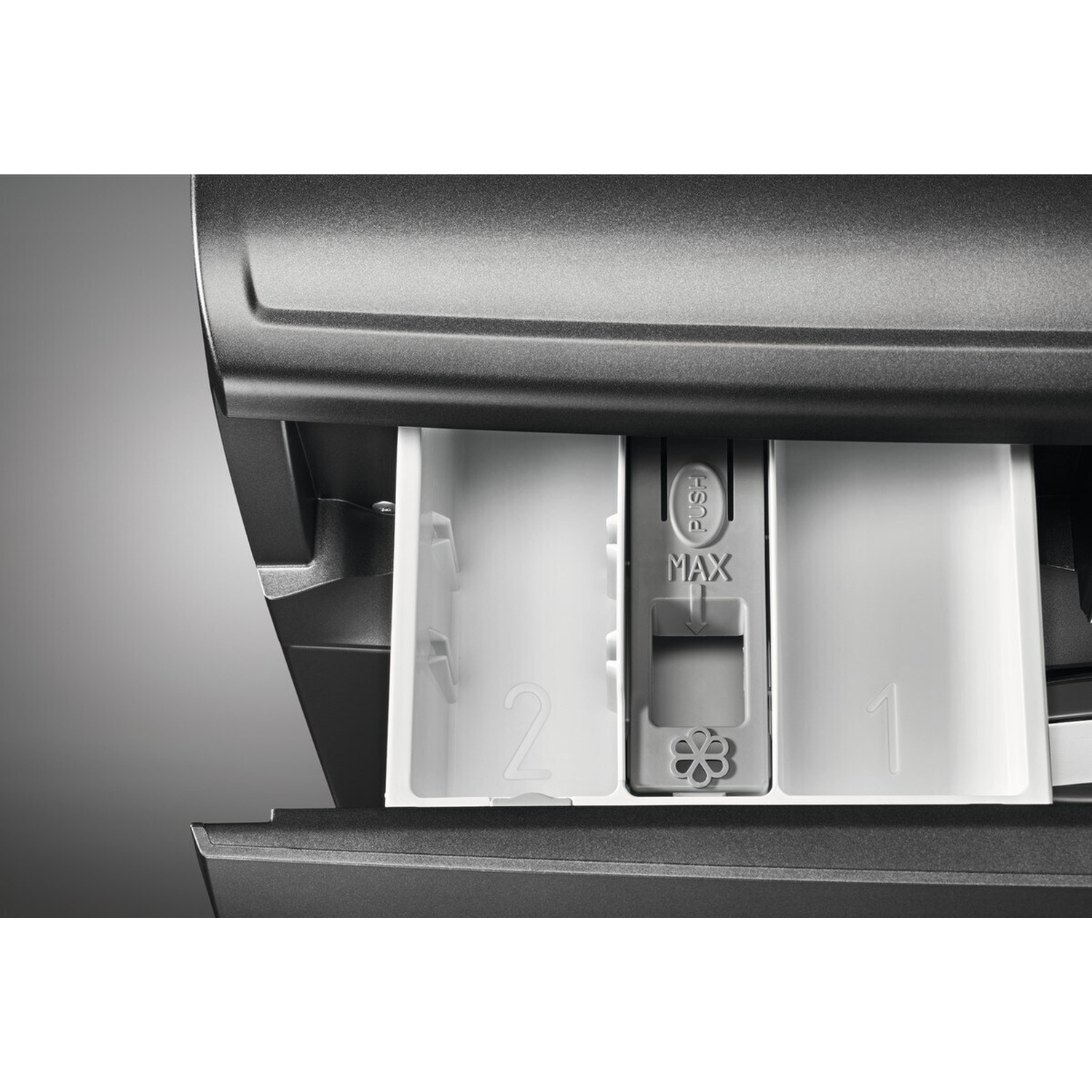 Cassetto detersivo con scomparti 1, 2 e MAX.