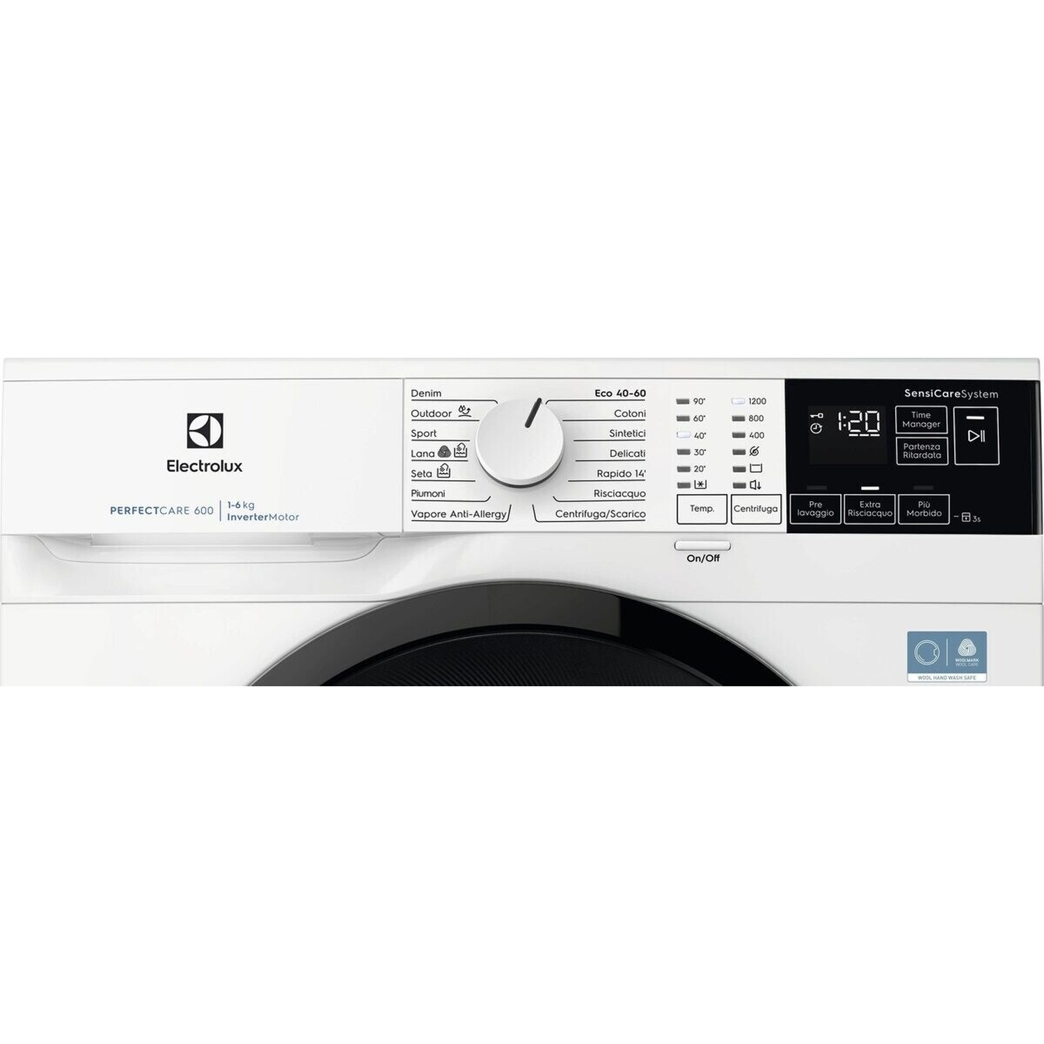 Una lavatrice Electrolux bianca con pannello di controllo e selezione programmi.