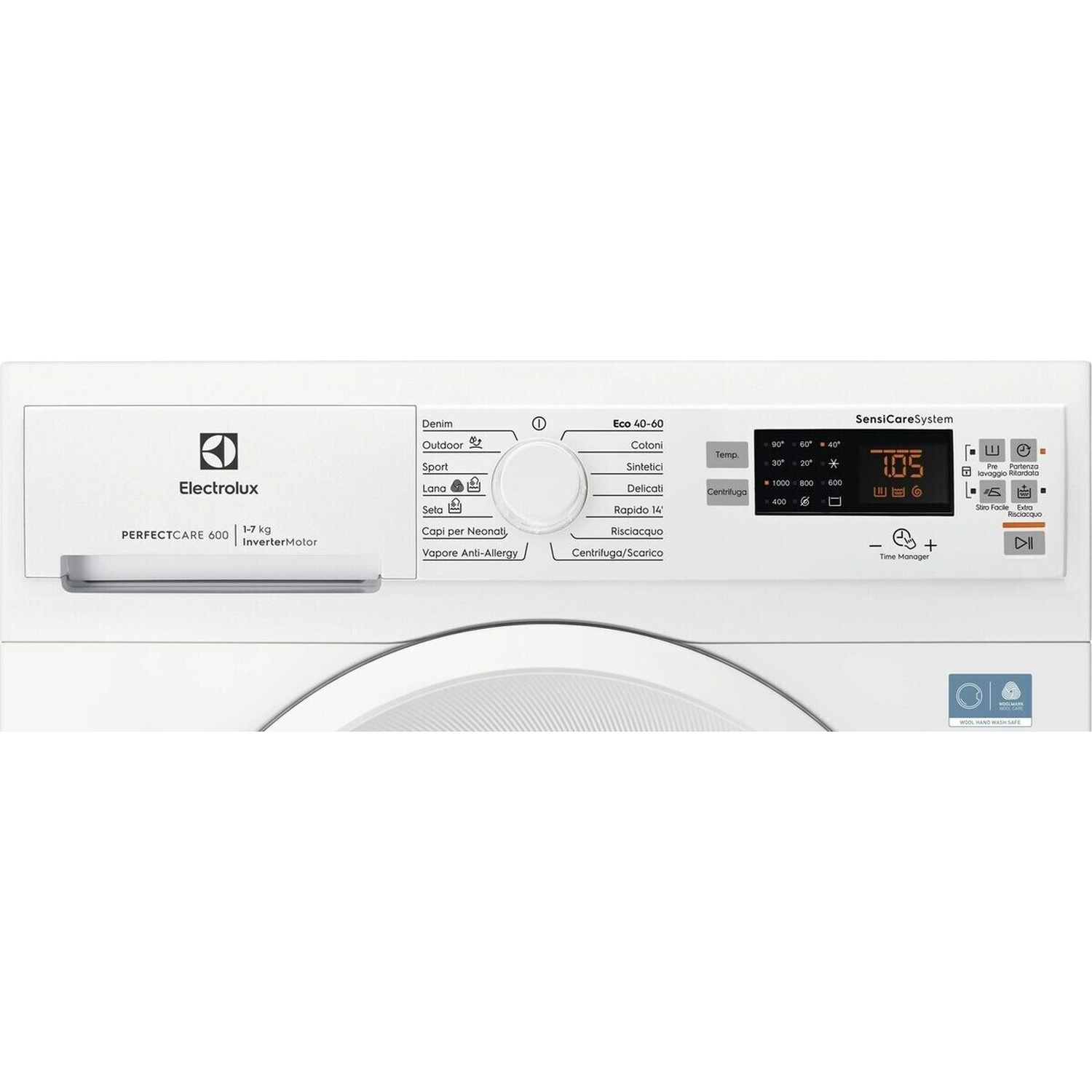 Primo piano del pannello di controllo della lavatrice Electrolux con selezione programmi.