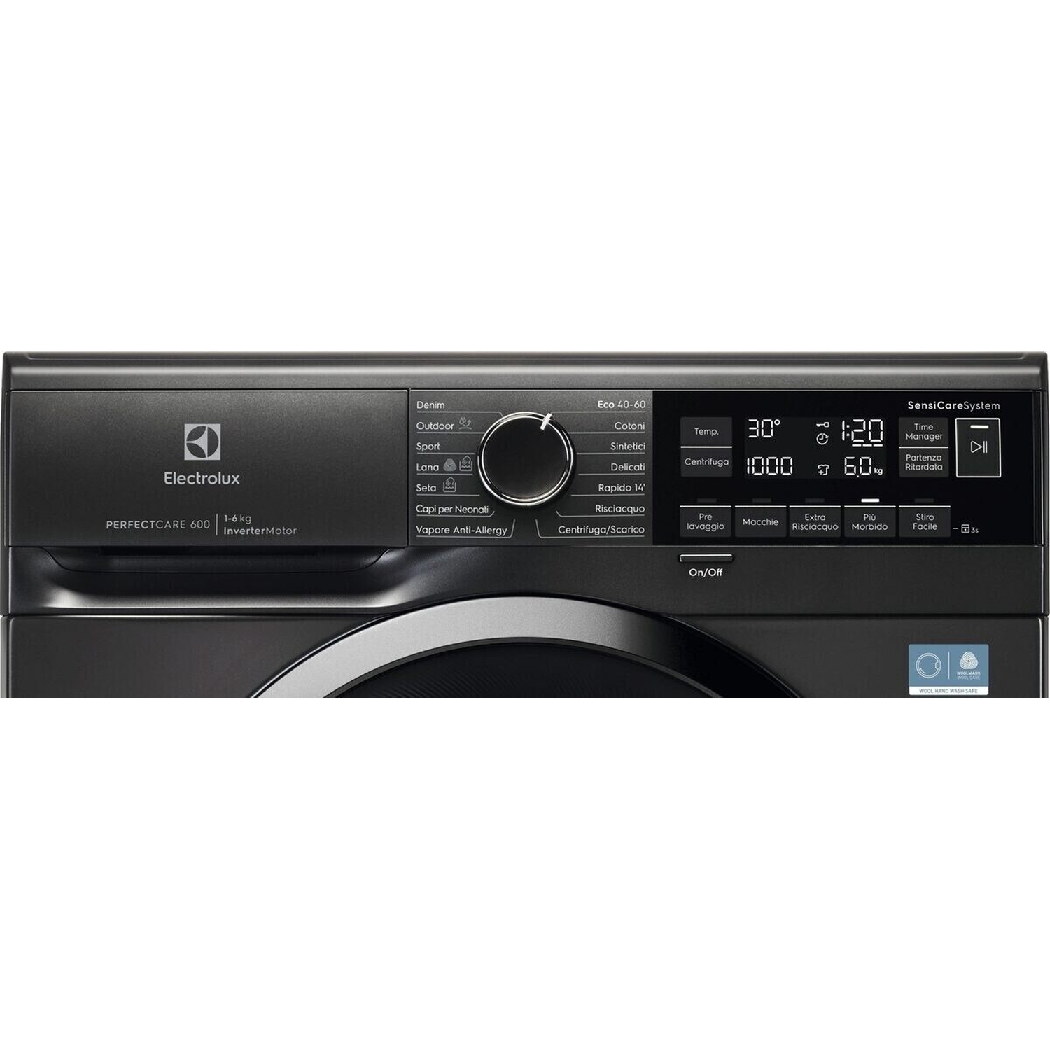 Parte anteriore di un pannello di controllo scuro di lavatrice Electrolux con selezione programmi.