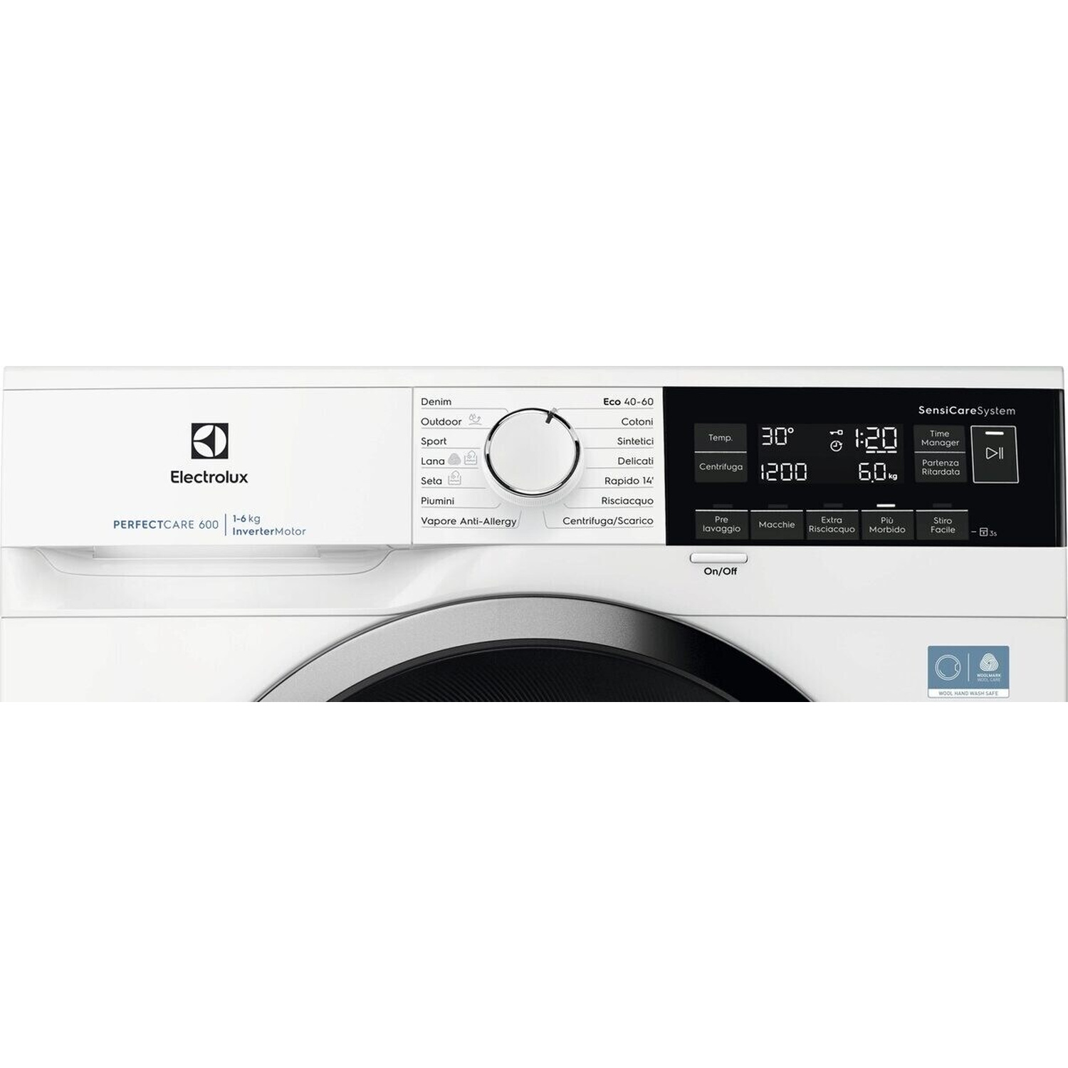 Una lavatrice Electrolux bianca con display digitale che mostra 30°C, 1200 giri e 1:20.