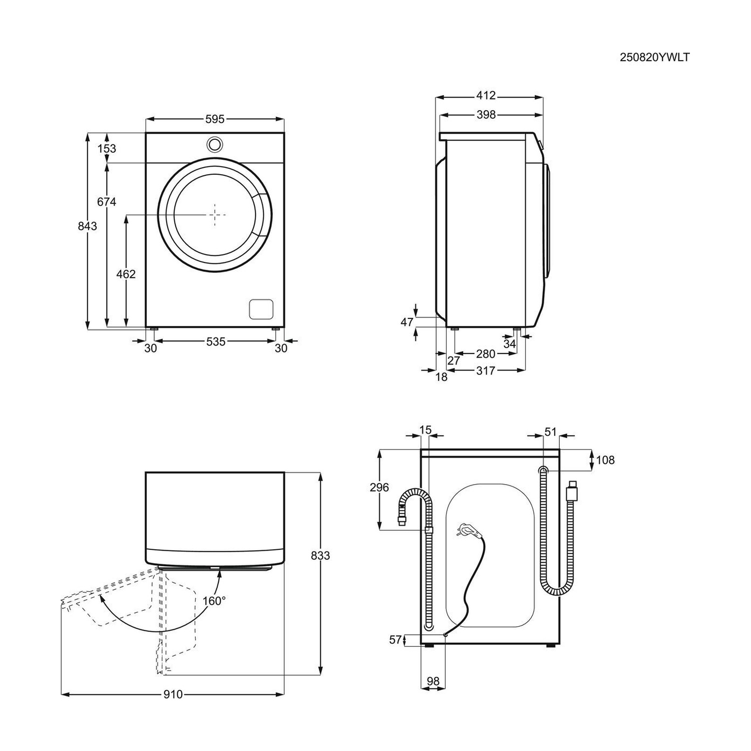 Disegni tecnici di una lavatrice con dimensioni. Viste frontale, laterale, dall'alto e posteriore mostrate.