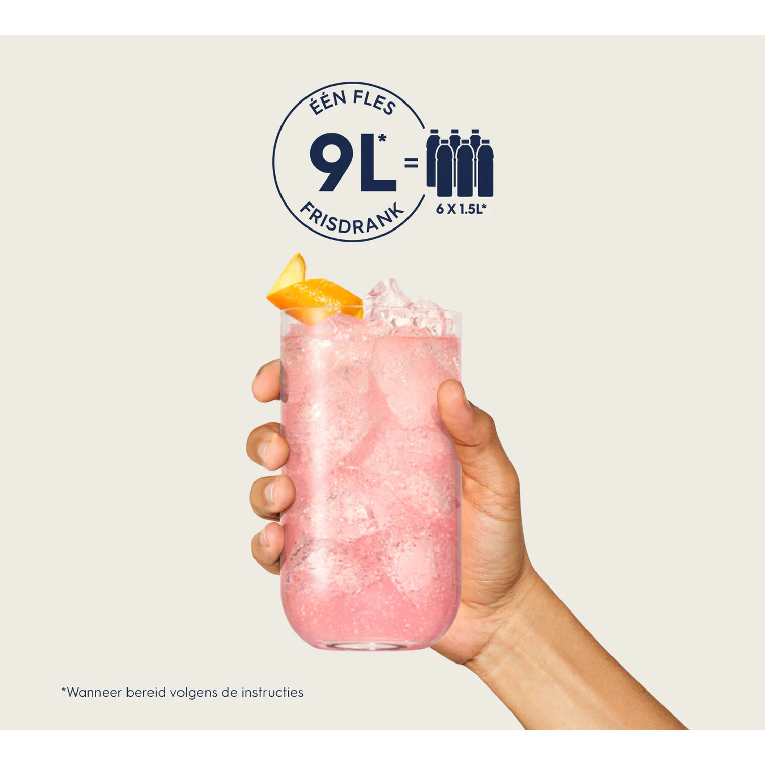 Hand holds glass with pink drink, ice, and orange slice. Text says 9L.