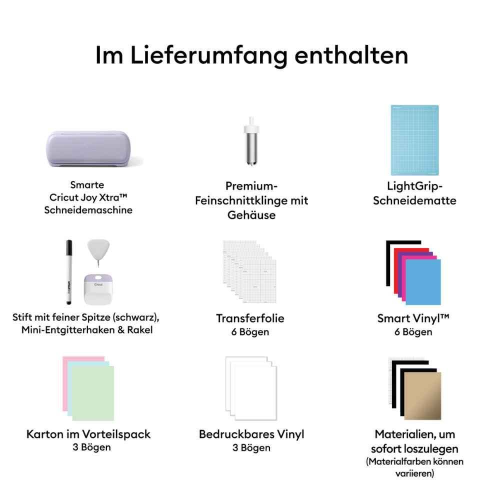 Illustration von Zubehör für Schneidemaschine: Maschine, Klinge, Matte, Stift, Folien, Vinyl, Karton.