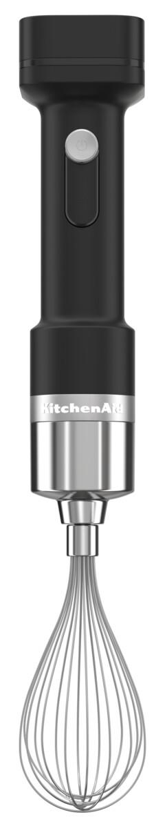 Schwarzer Stabmixer mit silbernem Ring und Schneebesenaufsatz.