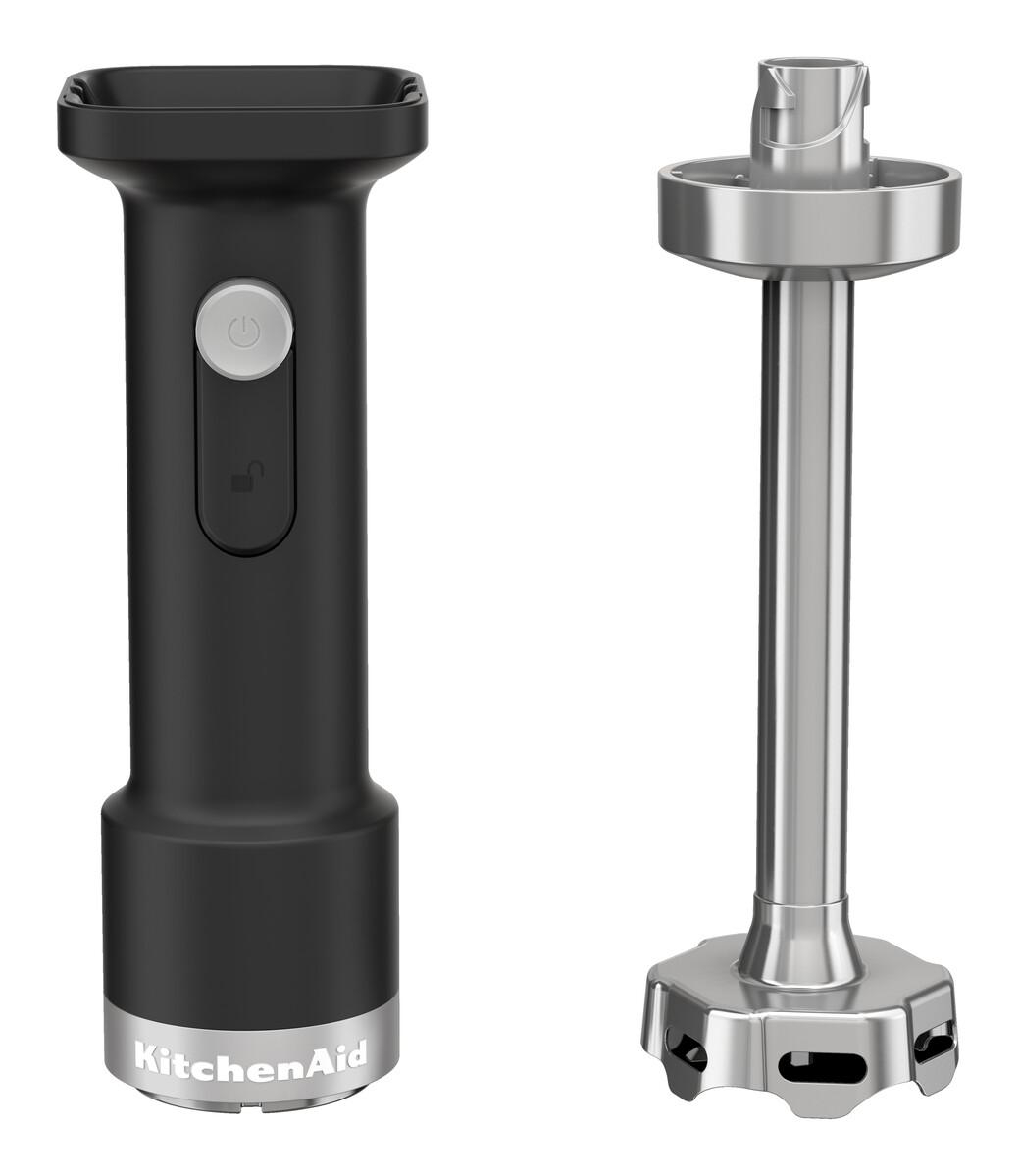 Schwarzer Handmixergriff mit Power-Taste und Metall-Mixfuß daneben.