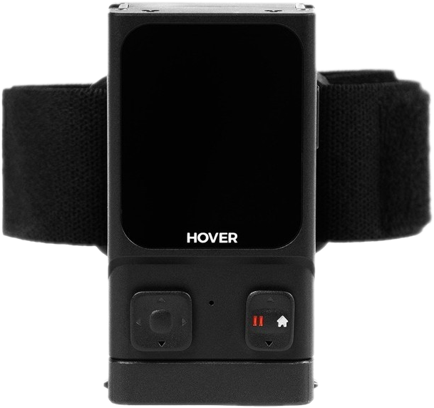 Schwarzes, rechteckiges Gerät mit schwarzem Bildschirm und Armbandbefestigung.