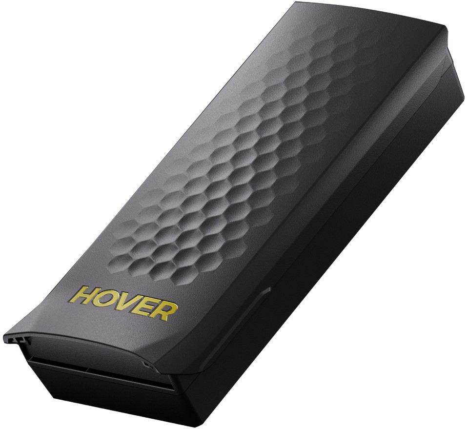 Appareil rectangulaire noir à motif hexagonal et texte doré "HOVER".