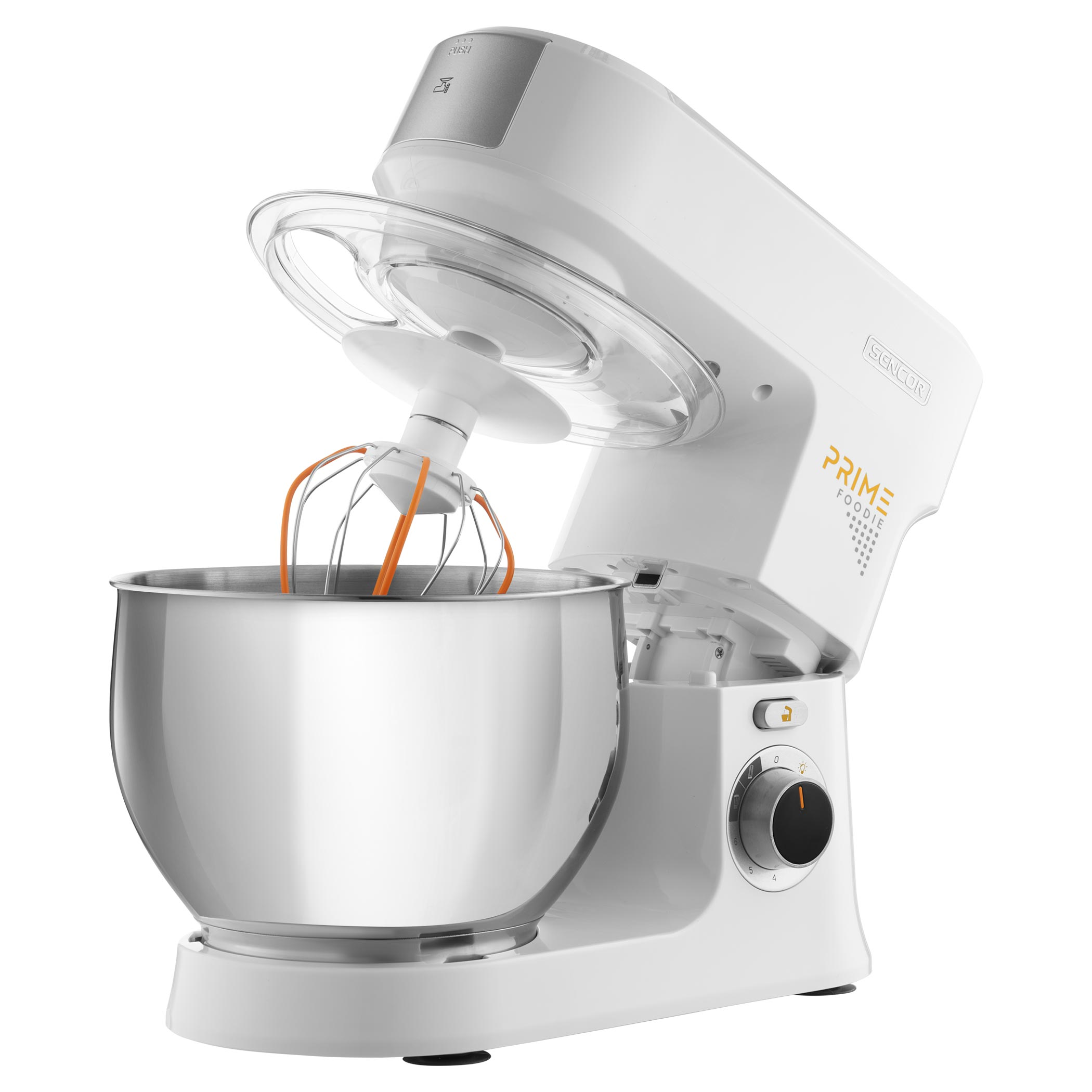 Fehér robotgép rozsdamentes acéltállal, fehér háttér előtt.