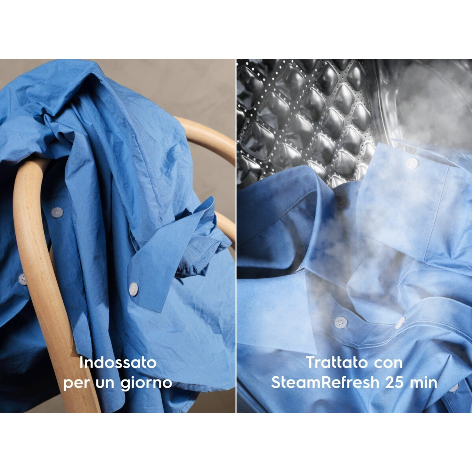 Camicia blu su sedia di legno e in lavatrice con vapore.